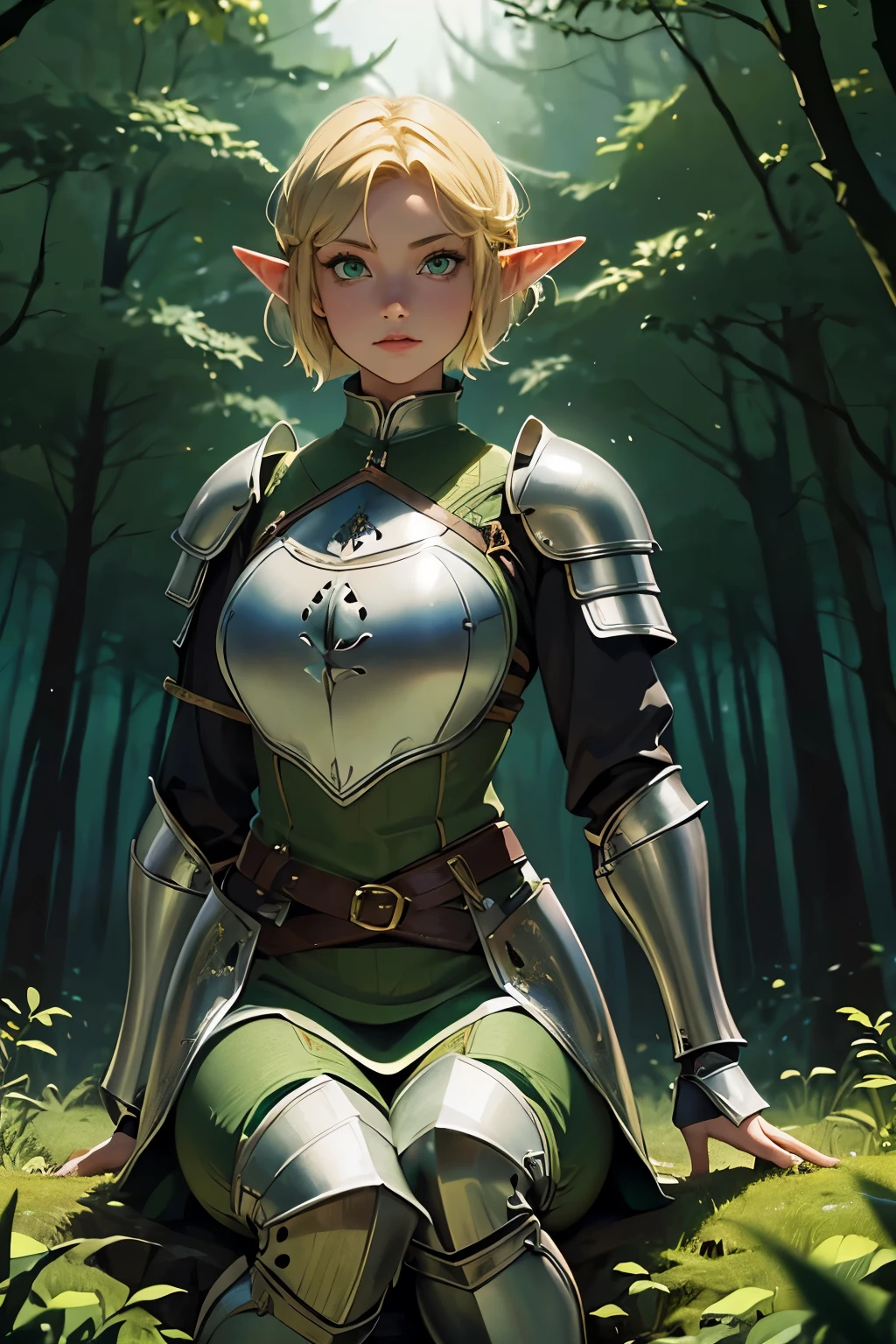 (1Girl, Elf, Short blonde hair, frenckles, beautiful, curvy, ((wearing medieval armor)), green eyes), (in a forest (at night, ((dim light))), looking at pov)