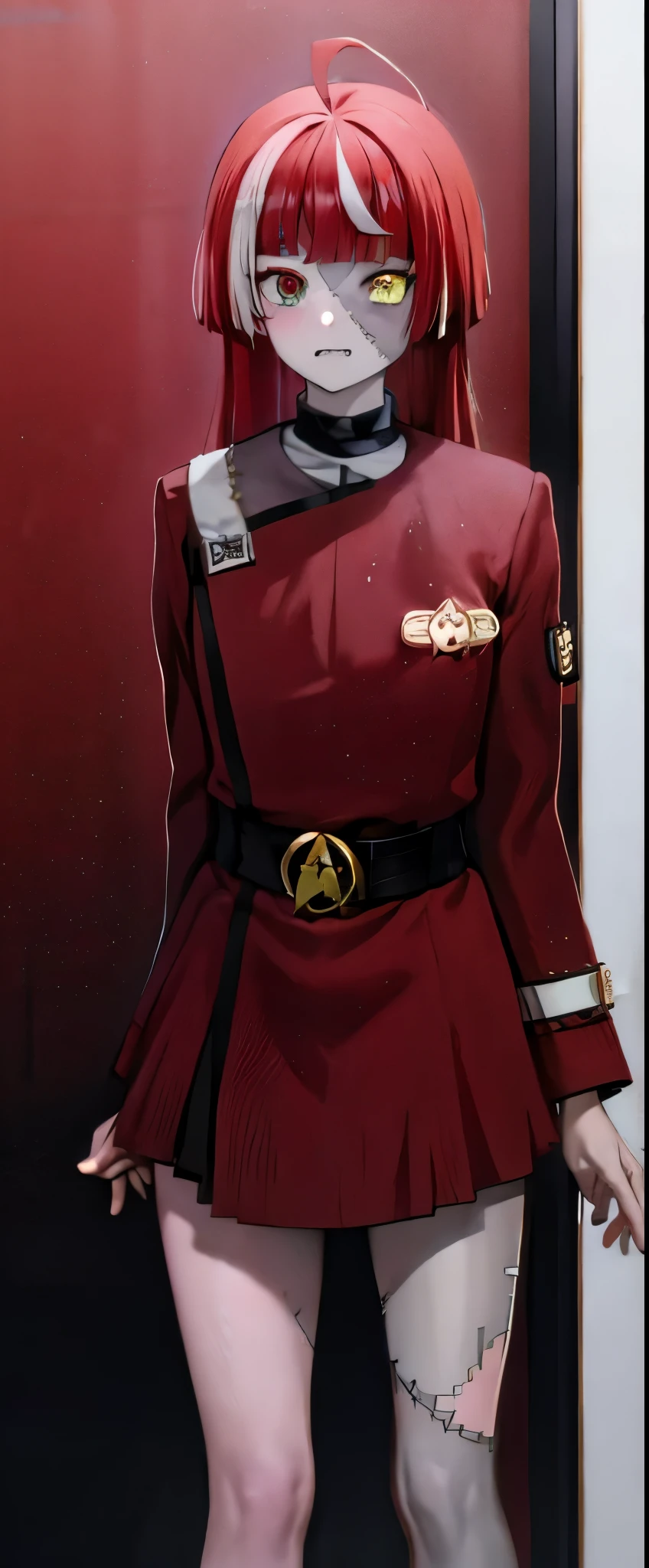 zombie, patchwork skin, heterochromia, red eyes, yellow eyes red wokunf uniform