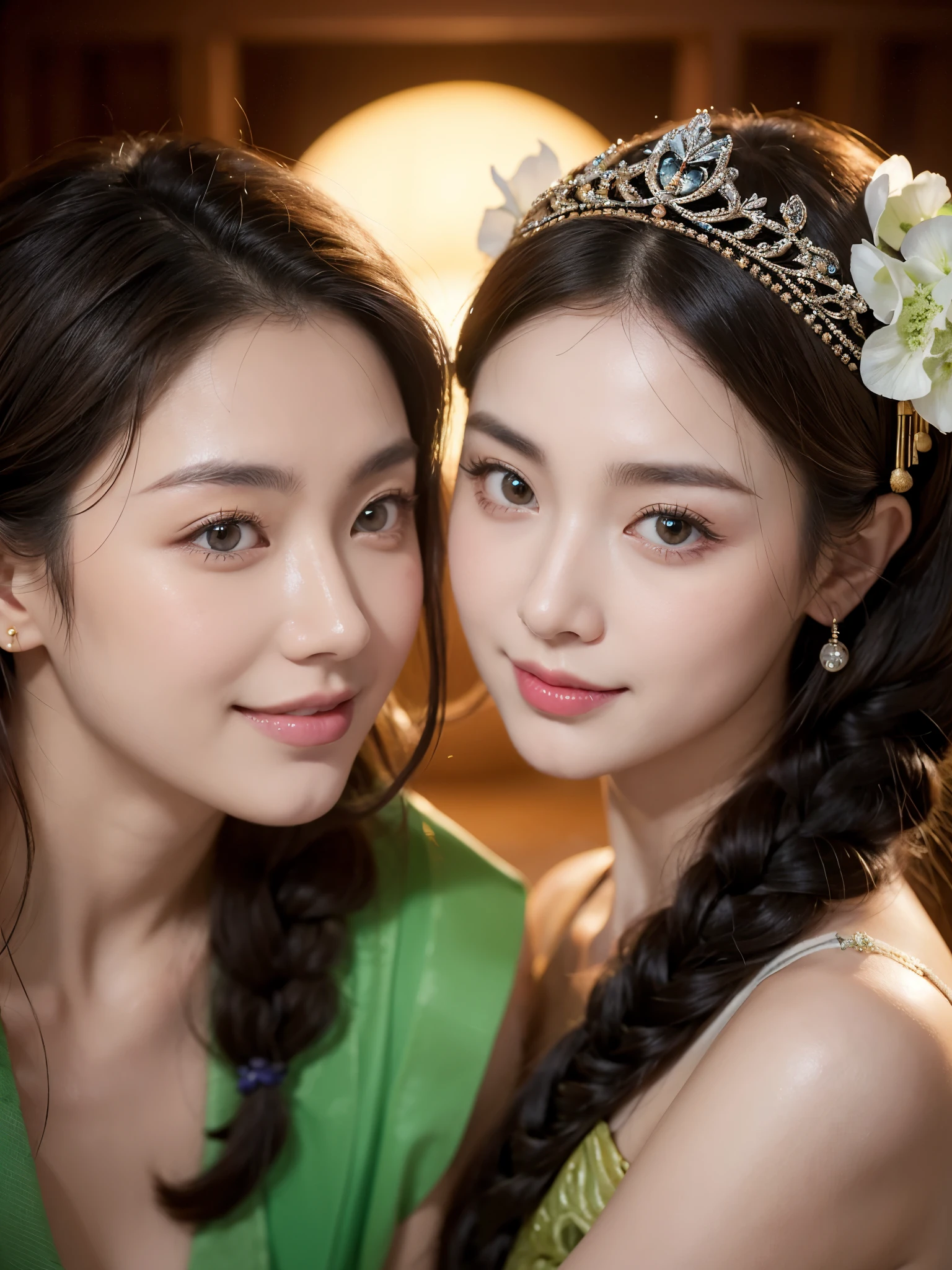 Masterpiece, best, night, full moon, 1 female, mature woman, Chinese style, ancient China, elder sister, royal sister, smile, dark brown hair, dark hair, princess cut, braid, curly hair, pale pink Lips, calm, intellectual, medium hair, green pupils, hairpin, hydrangea, delicate face, face close-up, hand close-up