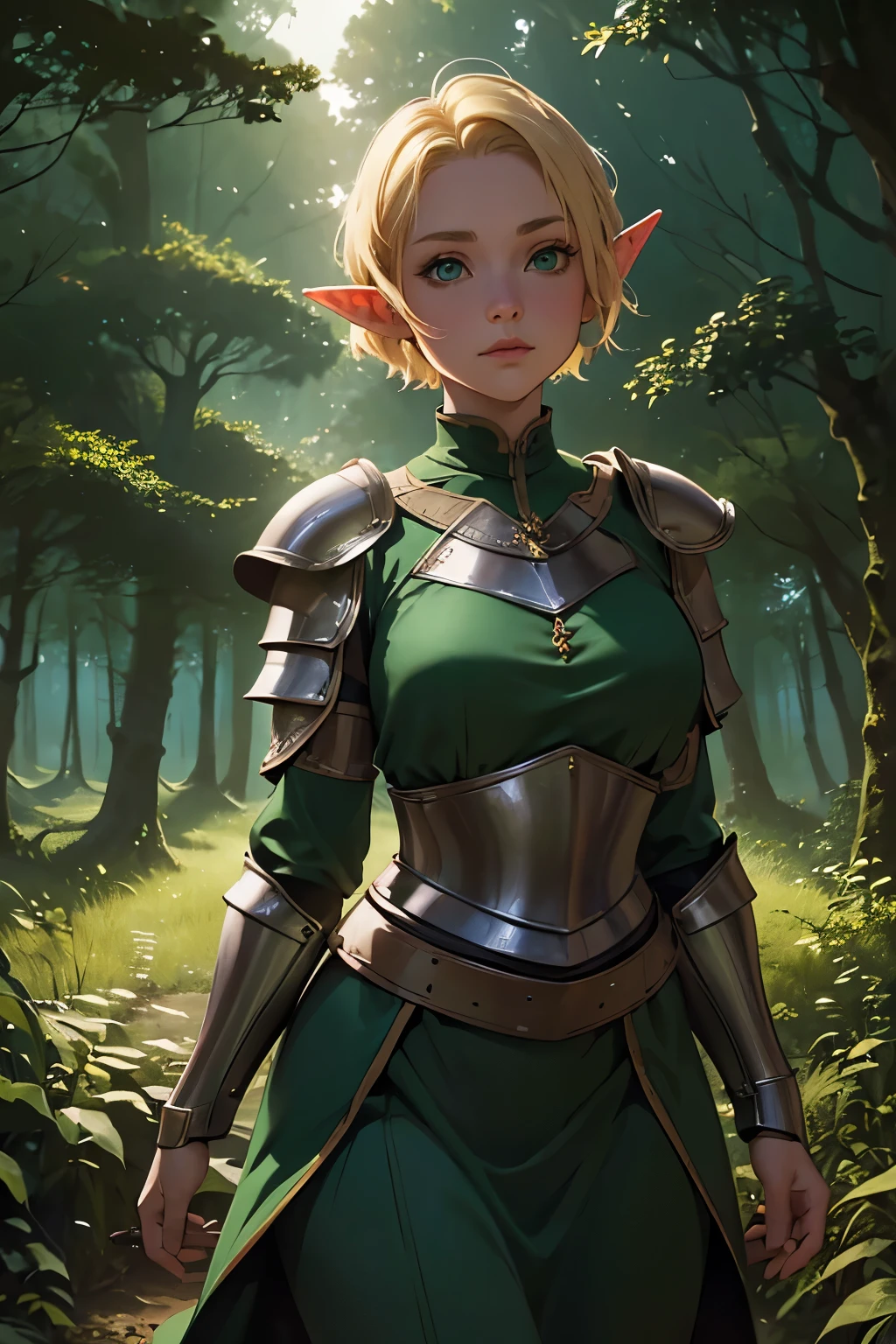 (1Girl, Elf, Short blonde hair, frenckles, beautiful, curvy, ((wearing medieval armor)), green eyes), (in a forest (at night, ((dim light))), (looking at pov))