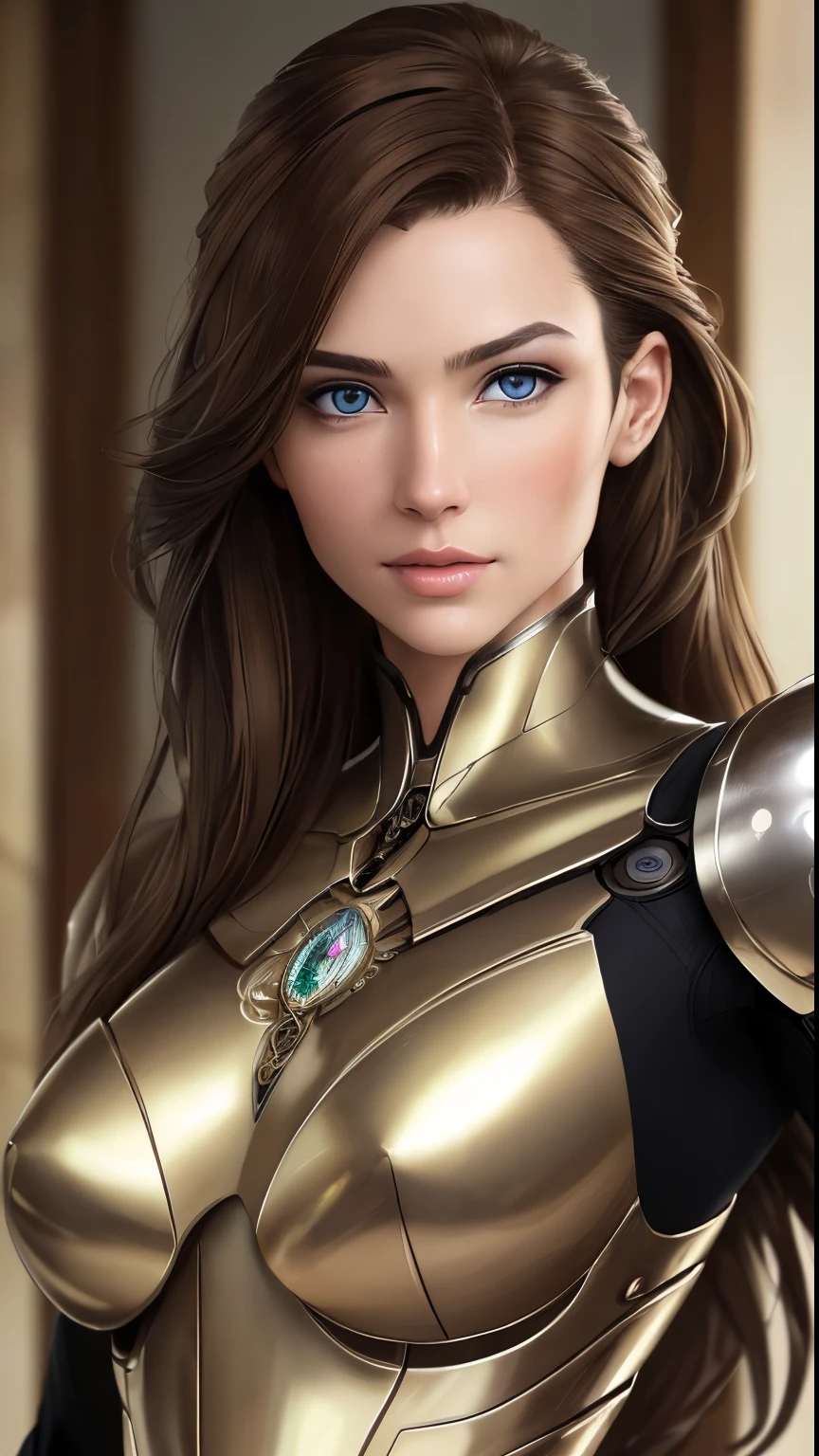 8K portrait of a beautiful cyborg with brown hair, kompliziert, Elegant, Sehr detailliert, majestic, Digitale Fotografie, Kunst von Artgerm und Ruan Jia und Greg Rutkowski, surreale Malerei, goldener Schmetterling, filigran, Glasscherben, (Meisterwerk, Seitenlicht, finely detailed beautiful eyes: 1.2), HDR, 