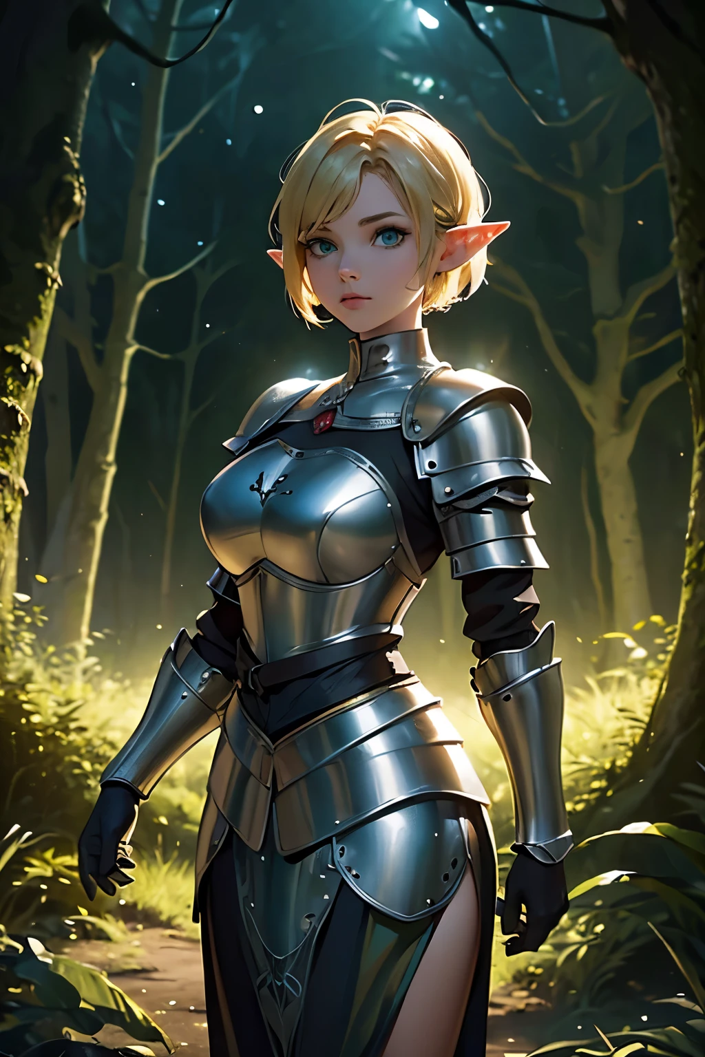 (1Girl, Elf, Short blonde hair, frenckles, beautiful, curvy, ((wearing medieval armor)), green eyes), (in a forest (at night, ((dim light))), (looking at pov))