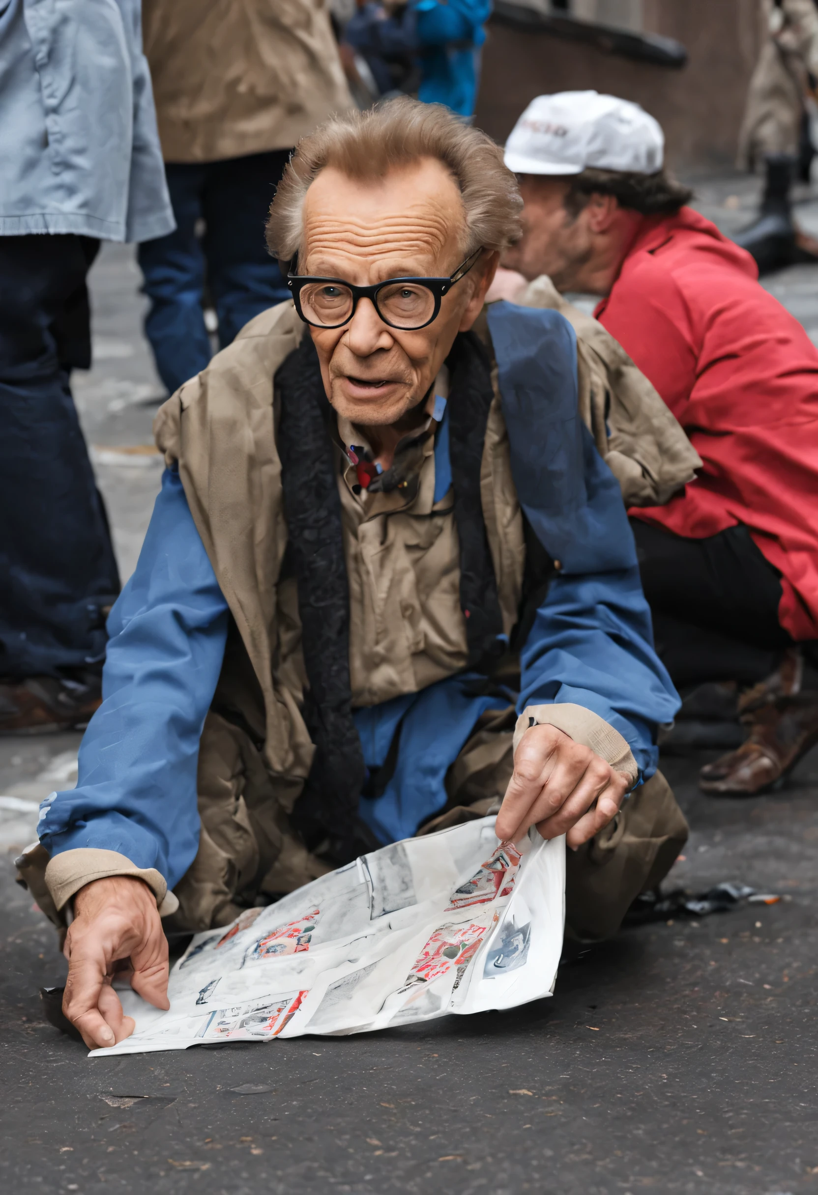 Larry king as a homeless person begging for money in New York City