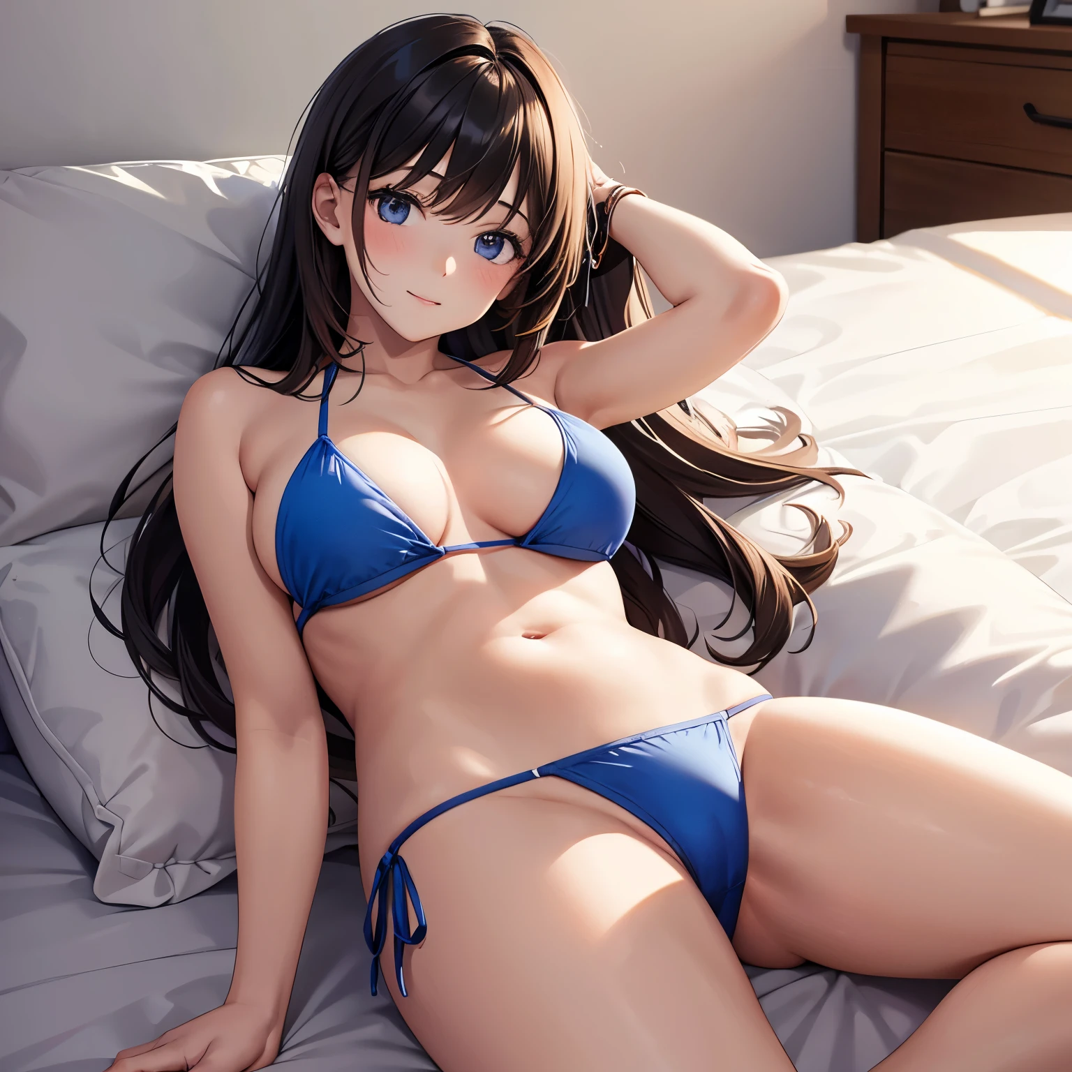 Young girl lying in a room wearing a bikini, handsome man