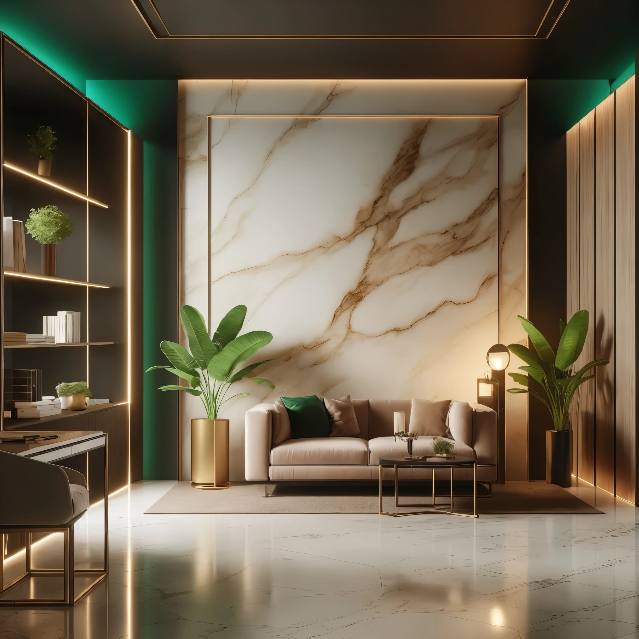 A modern luxury interior design background for youtube background video UHD, photorealistic that is comfortable for study. It has a marble wall, a couch and a book shelf on the left. It also has some plants to add some greenery and freshness. the color pallete is dark golden. the room is a little darker and there is artificial green lights in the background, the floor is white marble.