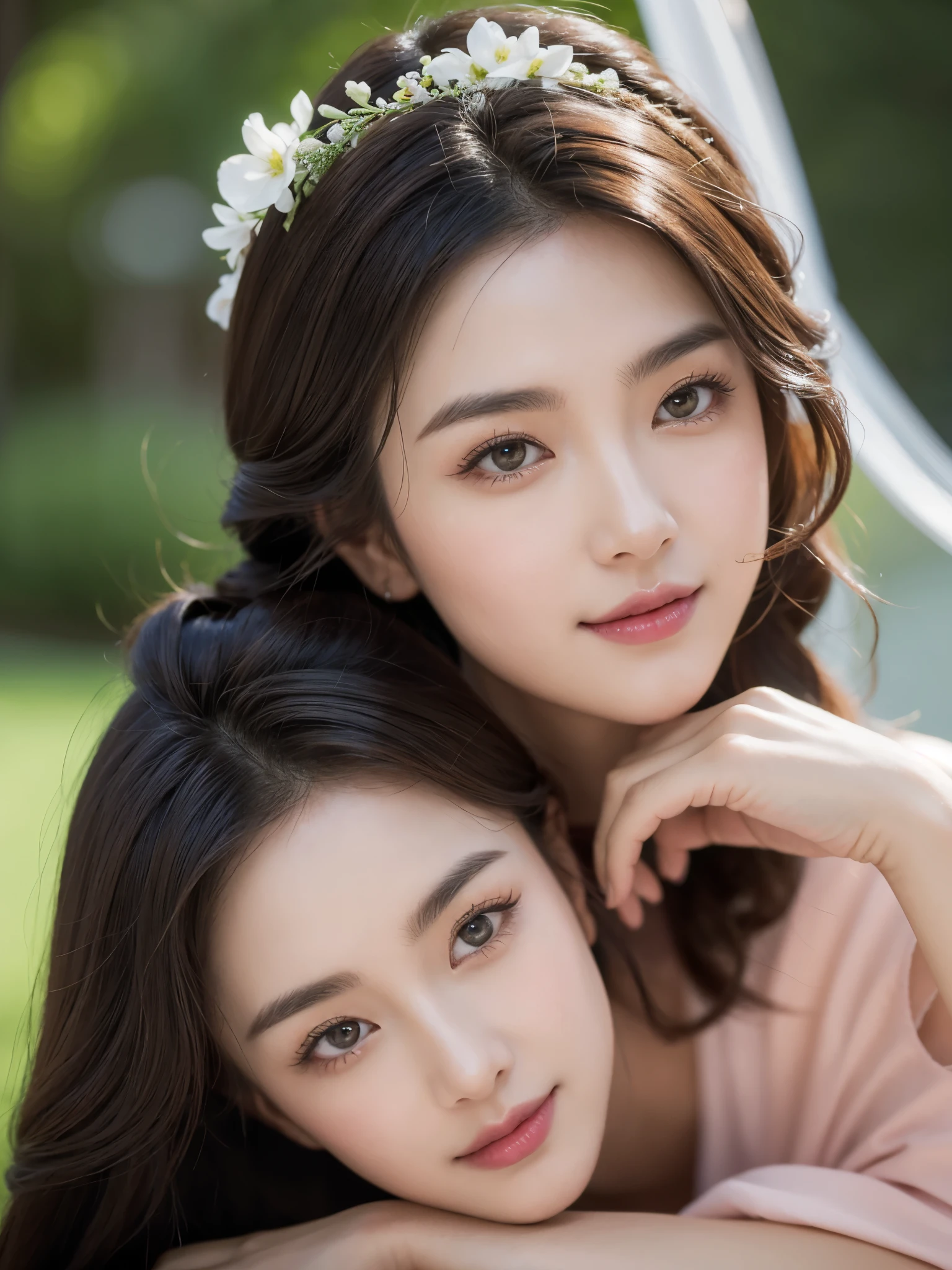 Masterpiece, best, night, full moon, 1 female, mature woman, Chinese style, ancient China, elder sister, royal sister, smile, dark brown hair, dark hair, princess cut, braid, curly hair, pale pink Lips, calm, intellectual, medium hair, green pupils, hairpin, hydrangea, delicate face, face close-up, hand close-up