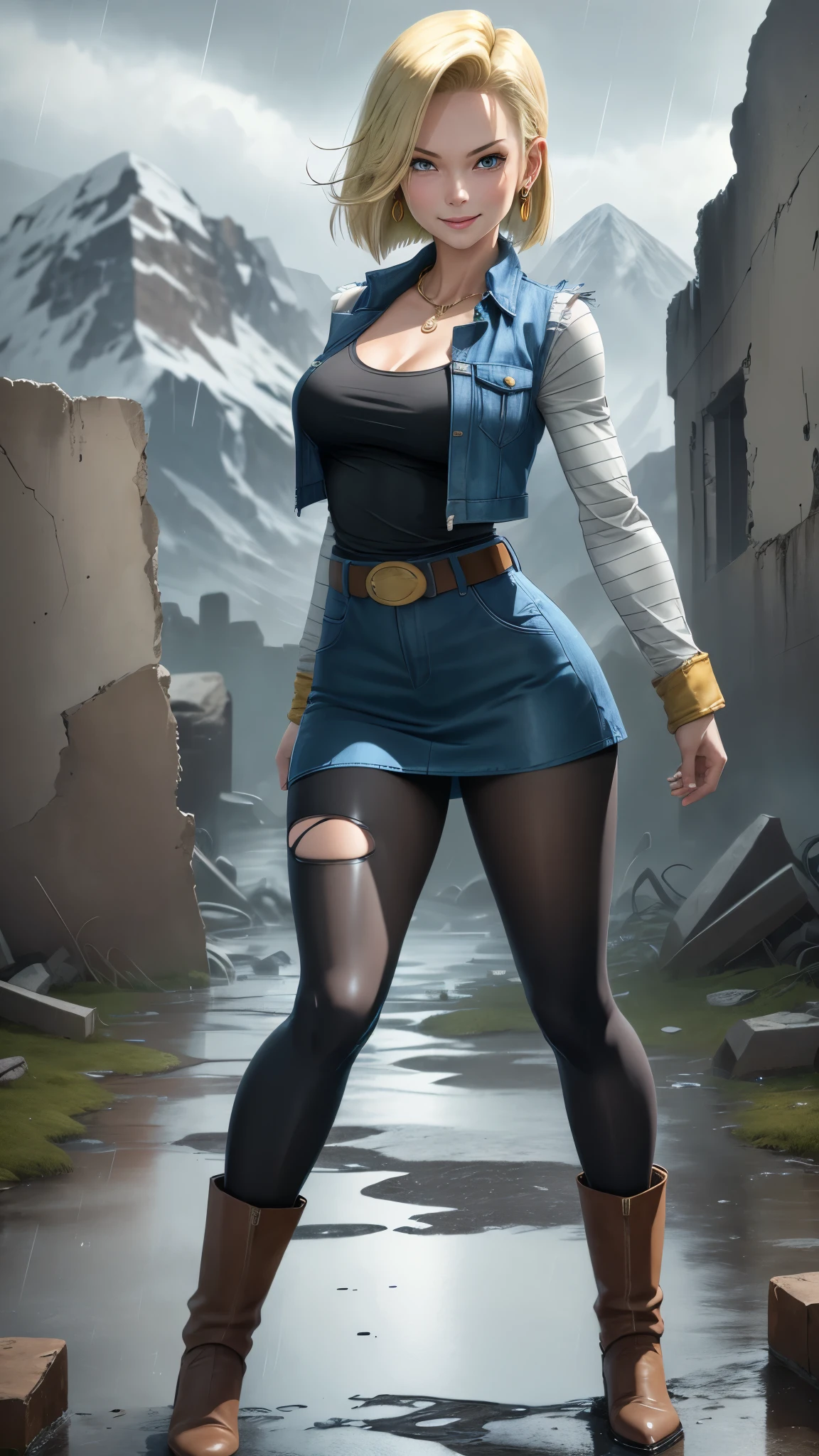 best quality, highres, and18, 1girl, android 18, solo girl, 1girl, blonde hair, blue eyes, belt, boots, tight blue demin skirt, gold_necklace, black shirt, short hair, long striped sleeves, earrings, open vest, denim vest, medium breasts, cowboy shot, mountains, straight-on, (weather: raining and windy), wet body, sexy smile, combat stance, full length pantyhose, battle ruins, wide hips, thick legs, torn clothes, closed fists,