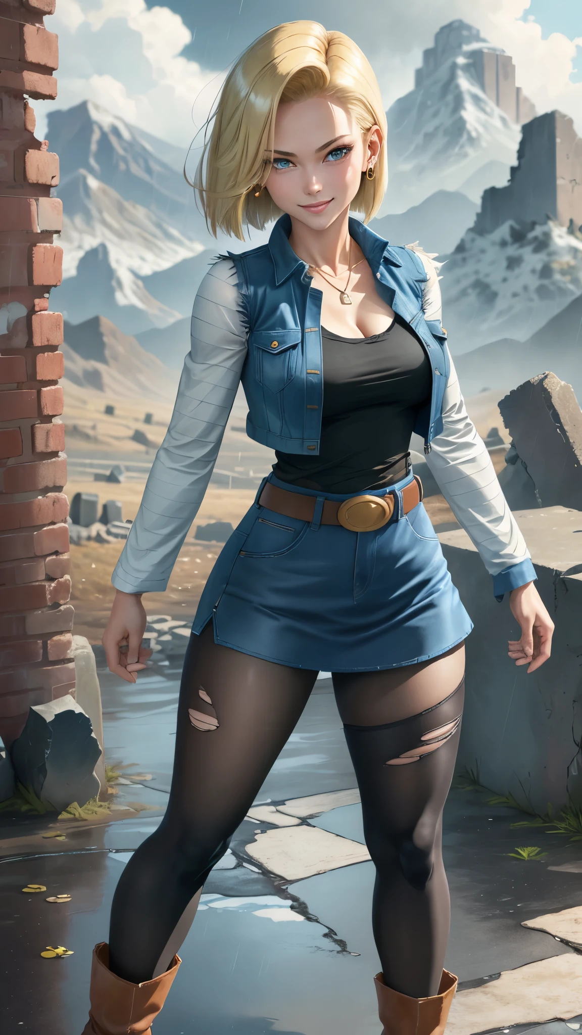 best quality, highres, and18, 1girl, android 18, solo girl, 1girl, blonde hair, blue eyes, belt, boots, tight blue demin skirt, gold_necklace, black shirt, short hair, long striped sleeves, earrings, open vest, denim vest, medium breasts, cowboy shot, mountains, straight-on, (weather: raining and windy), wet body, sexy smile, combat stance, full length pantyhose, battle ruins, wide hips, thick legs, torn clothes, closed fists,