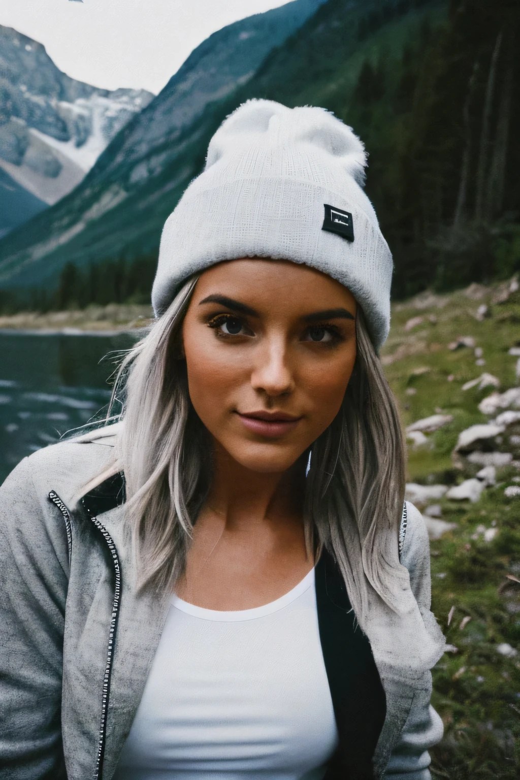 photorealistic, best quality, hyper detailed, Fit woman 23 years old, long gray hair, beautiful blonde woman, selfie photo, upper body, solo, wearing white t-hirt and black jacket, outdoors, (night), mountains, real life nature, forest, stars, moon, (cheerful, happy), sleeping bag, gloves, sweater, beanie, flashlight, forest, rocks, river, wood, smoke, fog, clear sky, analog style, looking at viewer, skin texture, film grain, close up, ultra high res, best shadow, RAW, instagram LUT