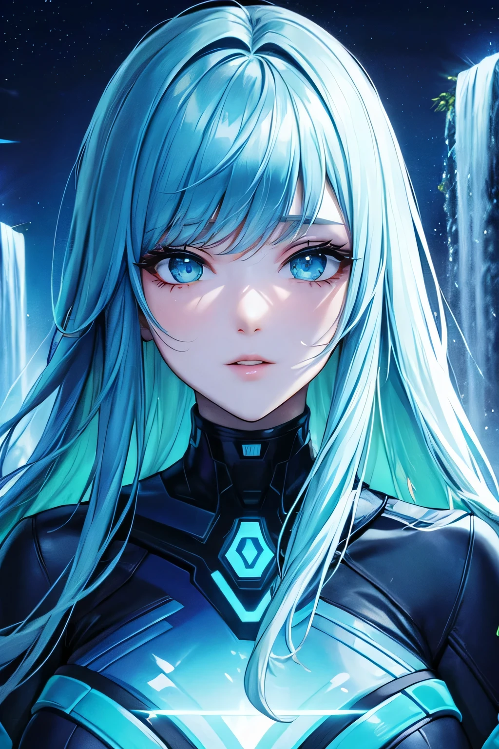 beautiful woman, detailed eyes, detailed face, neon colors, background is space, and waterfall
