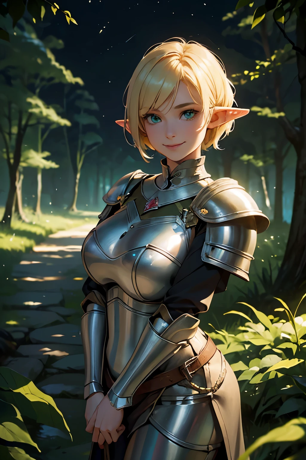 (1Girl, Elf, Short blonde hair, frenckles, beautiful, shy smile, curvy, ((wearing medieval armor)), green eyes), (in a forest (at night, ((dim light))), (looking at pov))