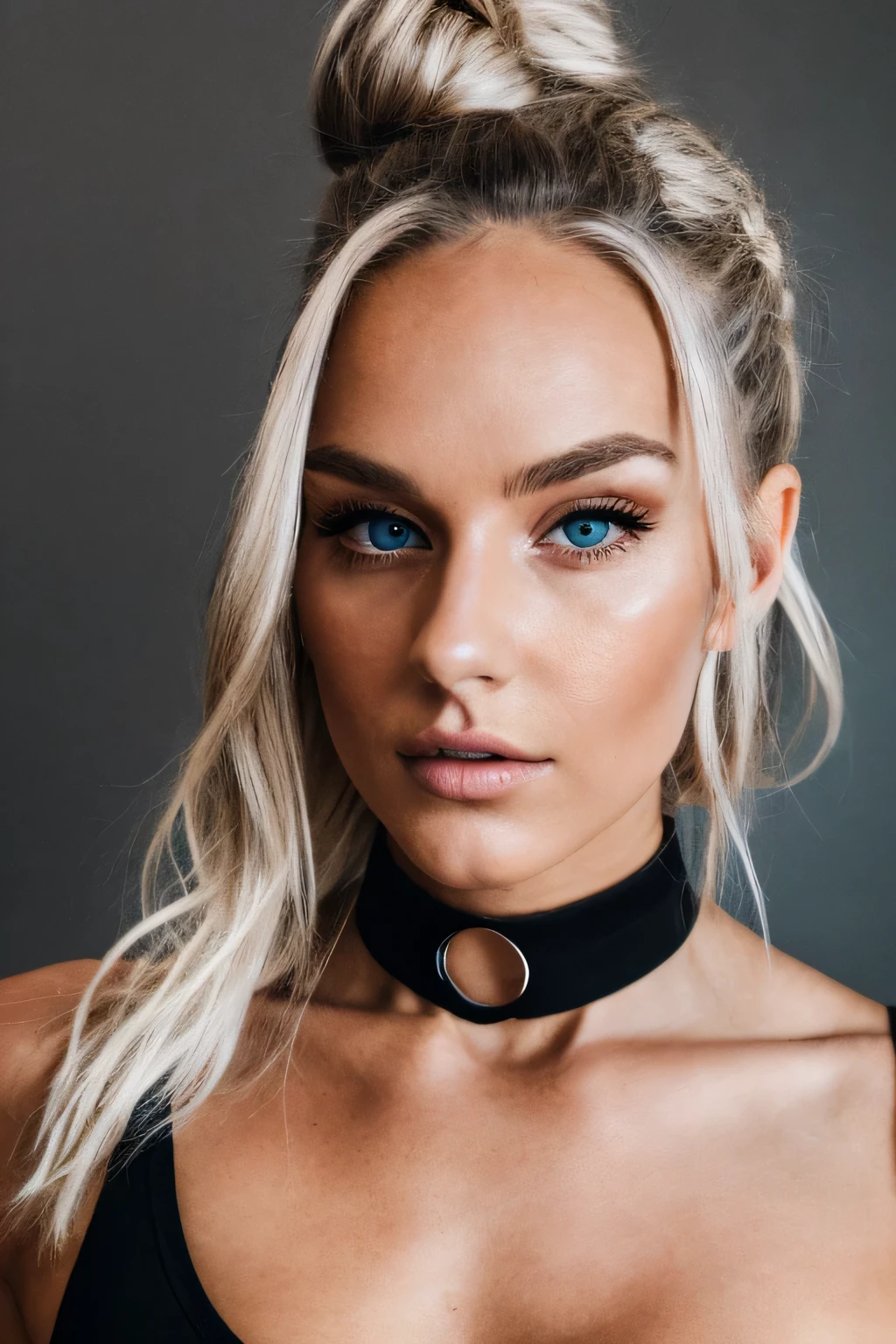 photorealistic, best quality, Fit woman 23 years old, long gray hair, an eye contact of a blond with bun hair and dark theme, Brown eyes, jewely, Full body lesbian, choker necklace, Open lips, actual, nase, flirting with the camera, wearing black top