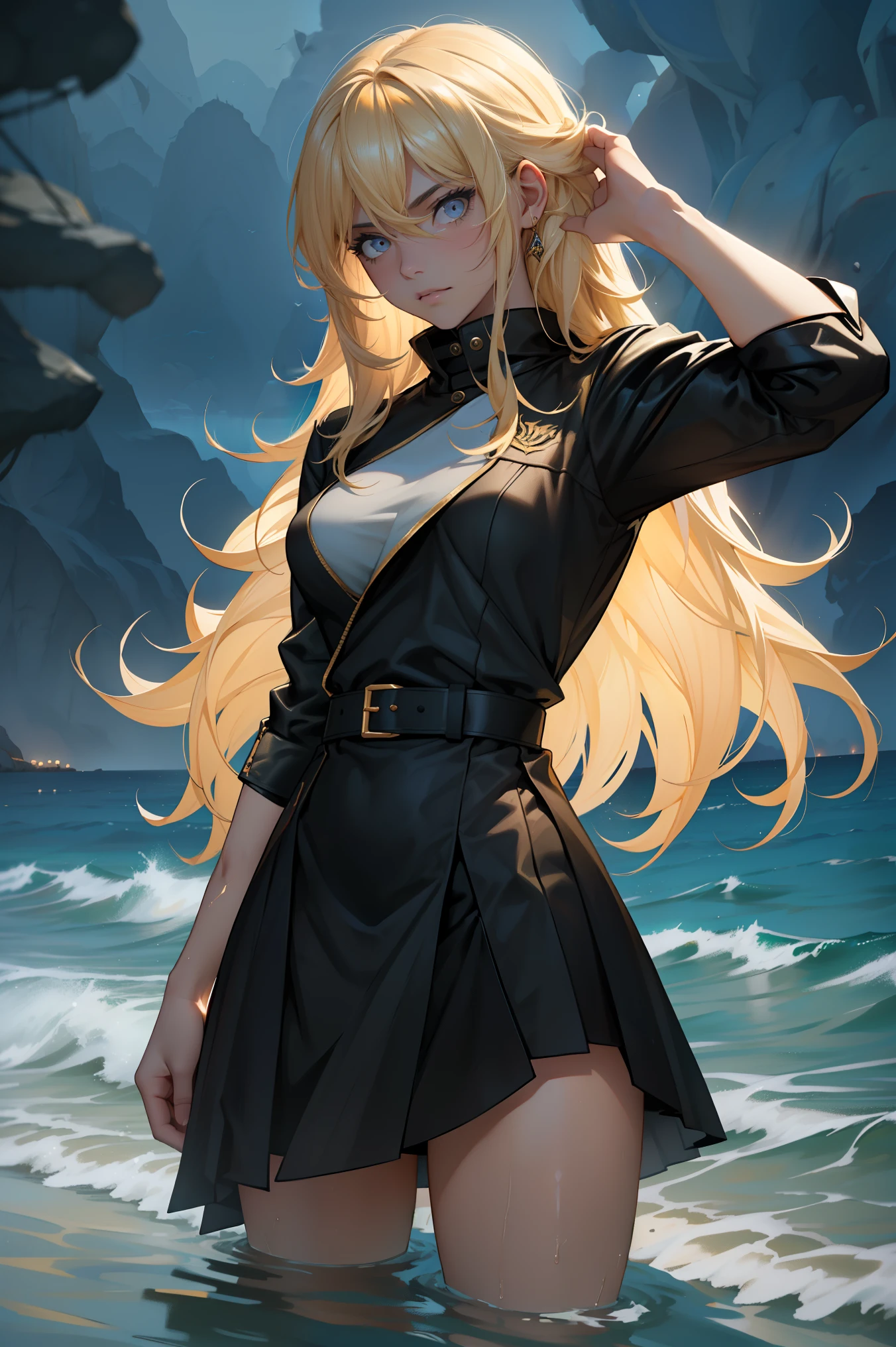 Yang Xiao Longo ((master part)), ((best quality)), (cabelos loiros), (Cabelos Longos), (olhos roxos cintilantes), 20 anos, (1girl), drowning on the sea, dark night, dark atmosphere, ((obra-prima)), (altamente detalhado:1.3),