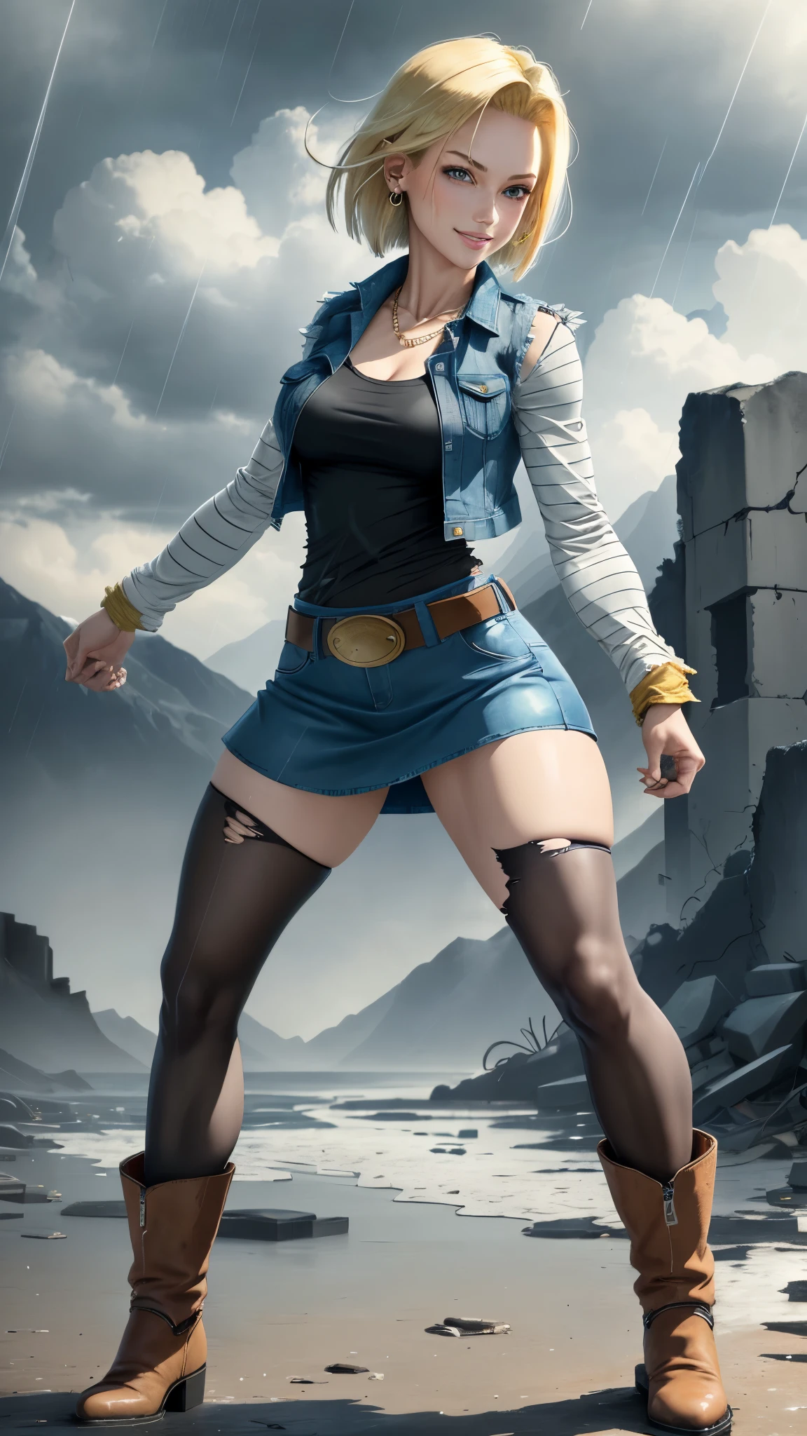 best quality, highres, and18, 1girl, android 18, solo girl, 1girl, blonde hair, blue eyes, belt, boots, tight blue demin skirt, gold_necklace, black shirt, short hair, long striped sleeves, earrings, open vest, denim vest, medium breasts, cowboy shot, mountains, straight-on, (weather: raining and windy), wet body, sexy smile, combat stance, full length pantyhose, battle ruins, wide hips, thick legs, torn clothes, closed fists,