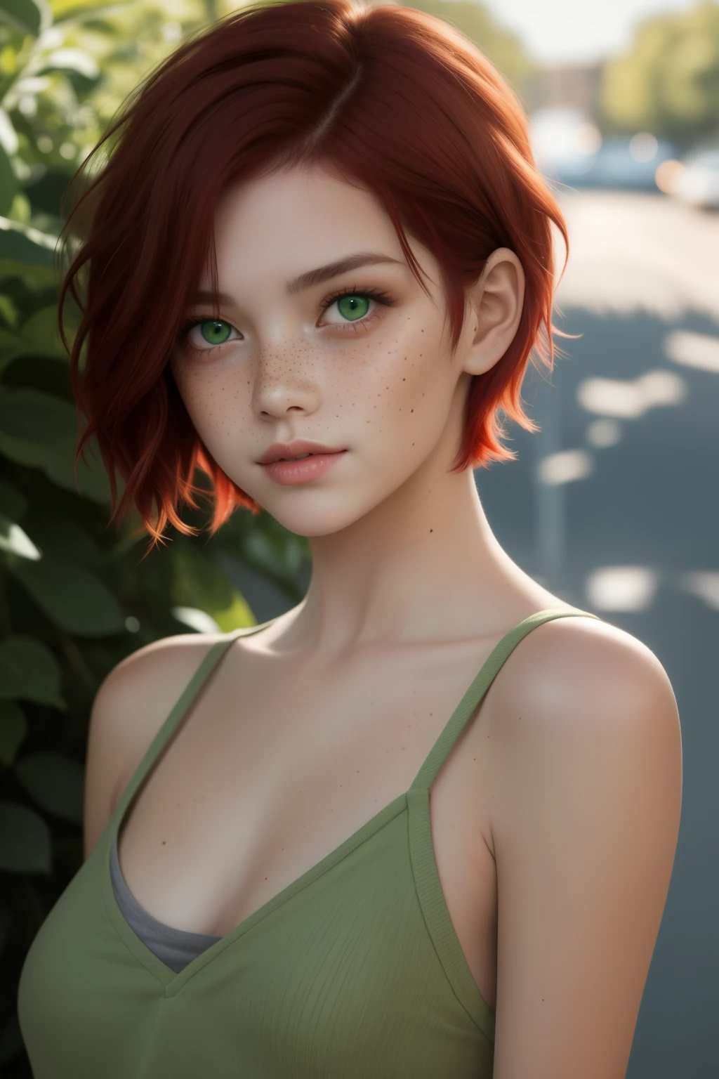 girl with short red hair and green eyes with freckles on her face,