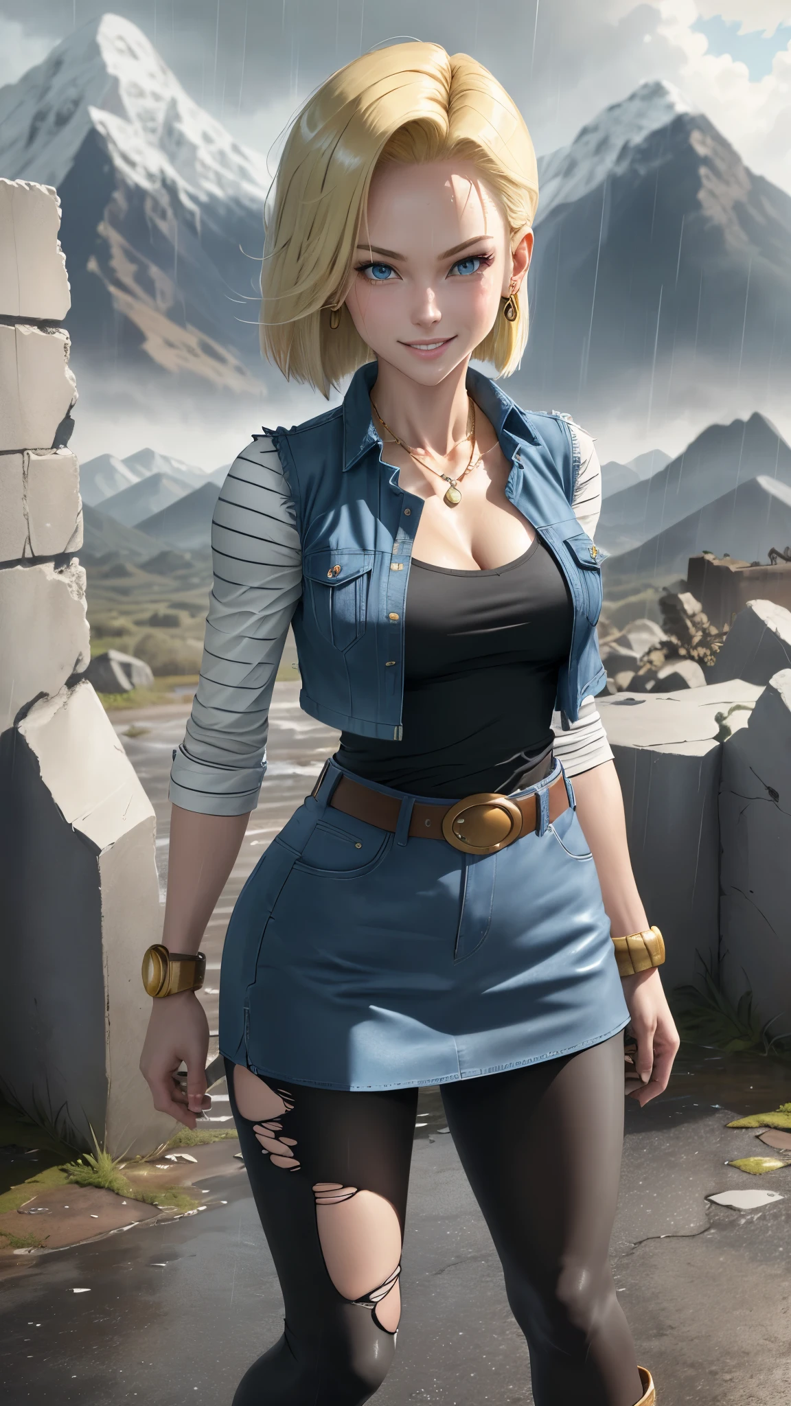 best quality, highres, and18, 1girl, android 18, solo girl, 1girl, blonde hair, blue eyes, belt, boots, tight blue demin skirt, gold_necklace, black shirt, short hair, long striped sleeves, earrings, open vest, denim vest, medium breasts, cowboy shot, mountains, straight-on, (weather: raining and windy), wet body, sexy smile, combat stance, full length pantyhose, battle ruins, wide hips, thick legs, torn clothes, closed fists,