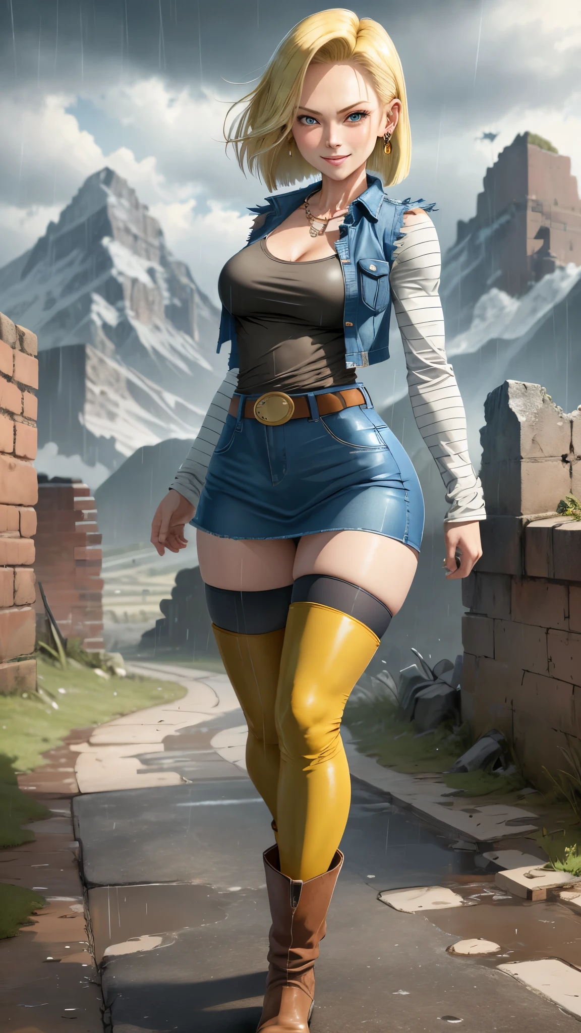 best quality, highres, and18, 1girl, android 18, solo girl, 1girl, blonde hair, blue eyes, belt, boots, tight blue demin skirt, gold_necklace, black shirt, short hair, long striped sleeves, earrings, open vest, denim vest, medium breasts, cowboy shot, mountains, straight-on, (weather: raining and windy), wet body, sexy smile, combat stance, full length pantyhose, battle ruins, wide hips, thick legs, torn clothes, closed fists,