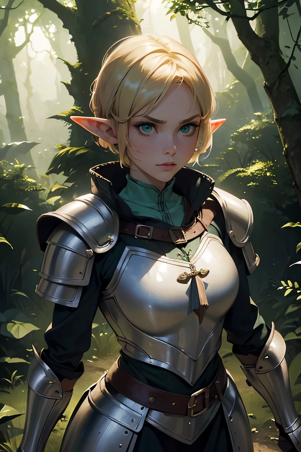 (1Girl, Elf, Short blonde hair, frenckles, beautiful, serious, cold feature, curvy, ((wearing medieval armor)), green eyes), (in a forest (at night, ((dim light))), (looking at pov))