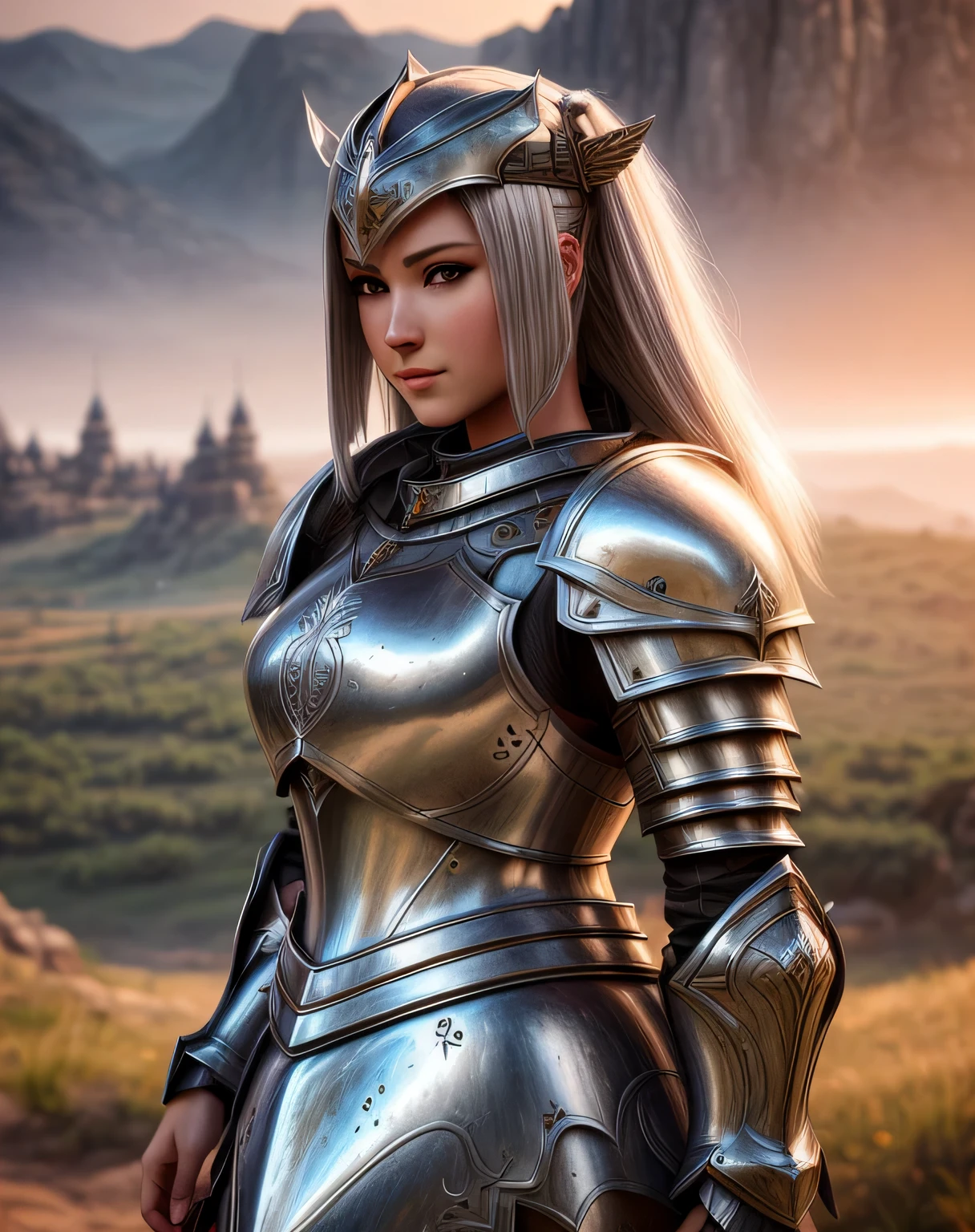 arafed woman in a silver armor posing for a picture, beautiful female knight, of a beautiful female knight, girl in knight armor, beautiful armor, female knight, gorgeous female paladin, portrait knight female, armor girl, fantasy paladin woman, stunning armor, portrait of female paladin, 3 d render character art 8 k, wojtek fus