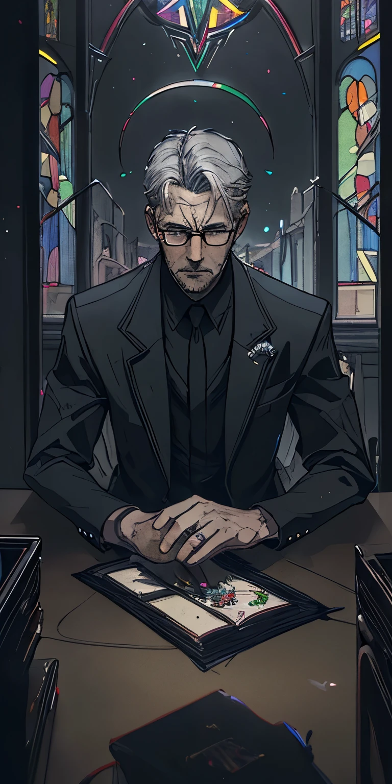 man in black_suit, collar, halo, gray_haired, glasses, portrait, temple indoors, decorations, stained glass windows, night, particles, chromatic aberration, detailed, cinematic, dark scene, fantasy masterpiece, ultra detailed, somber expression, hanged man tarot card imagery,