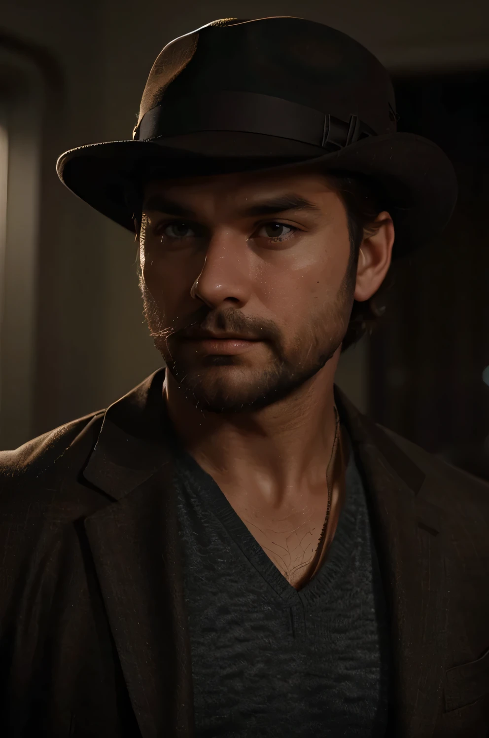 a male film noir detective, tough, 5'10, athletic, average appearance, short brown hair and beard, 40 years, wearing a dark brown suit and hat,