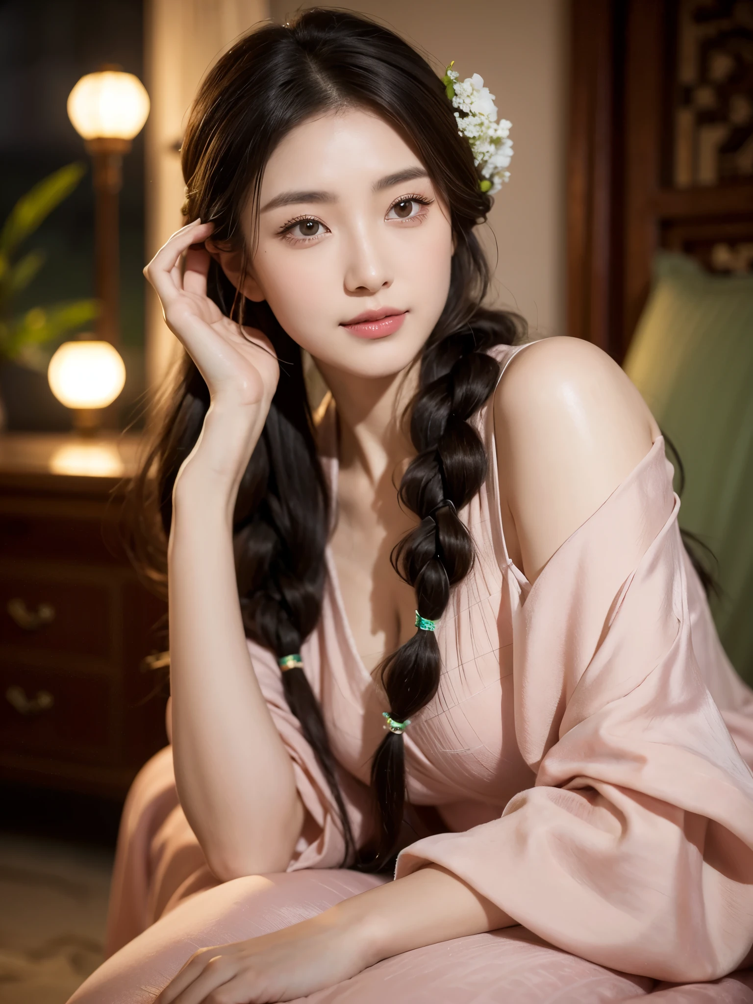 Masterpiece, best, night, full moon, 1 female, mature woman, Chinese style, ancient China, elder sister, royal sister, smile, dark brown hair, dark hair, princess cut, braid, curly hair, pale pink Lips, calm, intellectual, medium hair, green pupils, hairpin, hydrangea, delicate face, face close-up, hand close-up