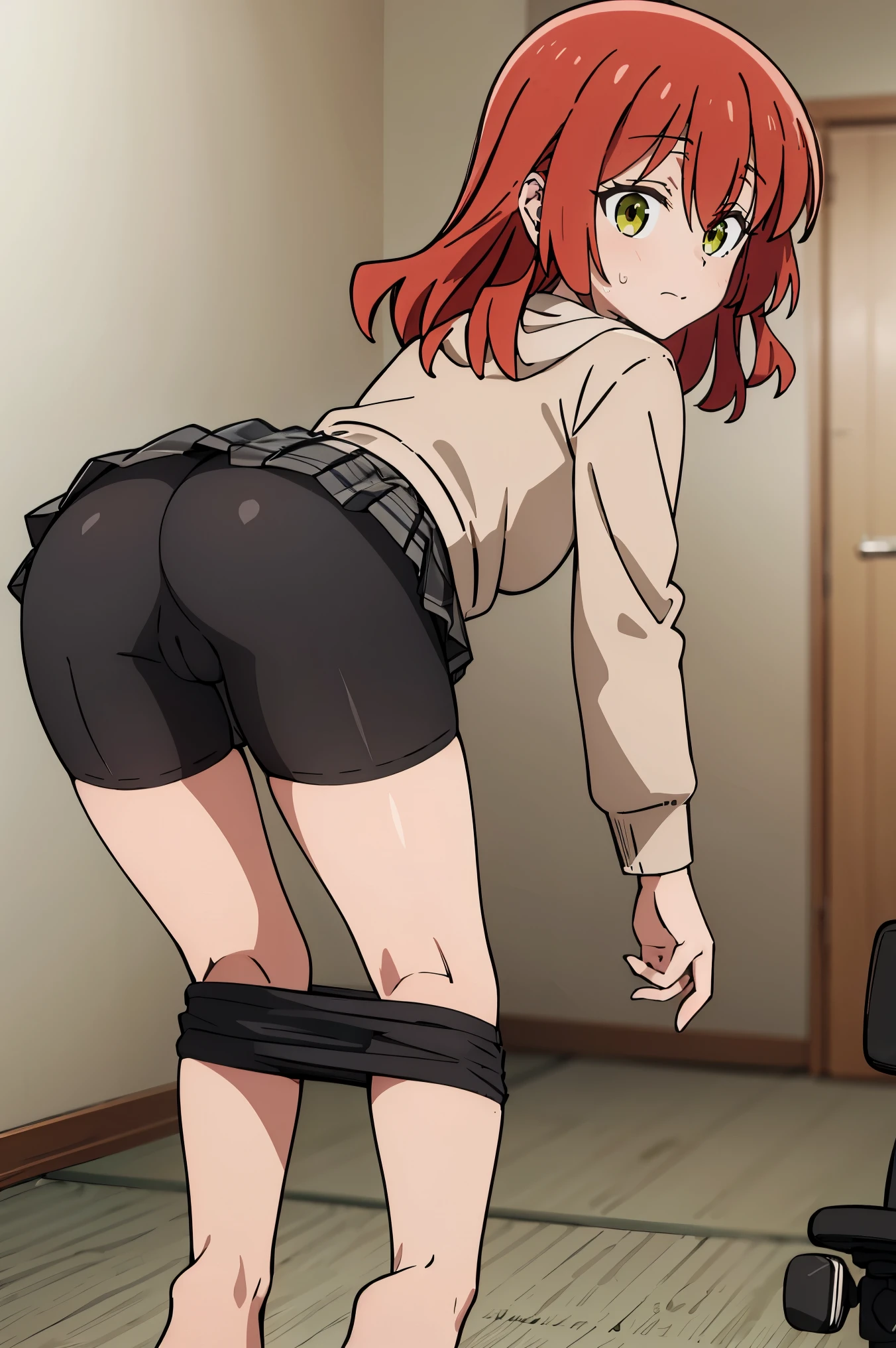 1 girl, hdr, ikuyo kita, red hair, one side up, long hair, green eyes, hoodie, pink hoodie, long sleeves, grey skirt, plaid skirt, bike shorts, black bike shorts, open mouth, solo, hand grab ass, buttlift, spread ass, from behind, room, bedroom, bent over, bike shorts, beautiful ass, ass focus, pink hoodie, grey plaid skirt, bike shorts, looking back, looking ass, black bike shorts,
