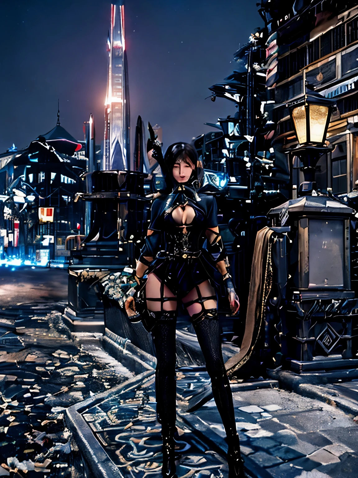 a woman stands on the sidewalk in the city, Lineage 2 revolution style, Sword and soul, Beautiful screenshot, Screenshot of the mod gameplay, Katana Zero video game character, fantasy outfit, 8 thousand. character details