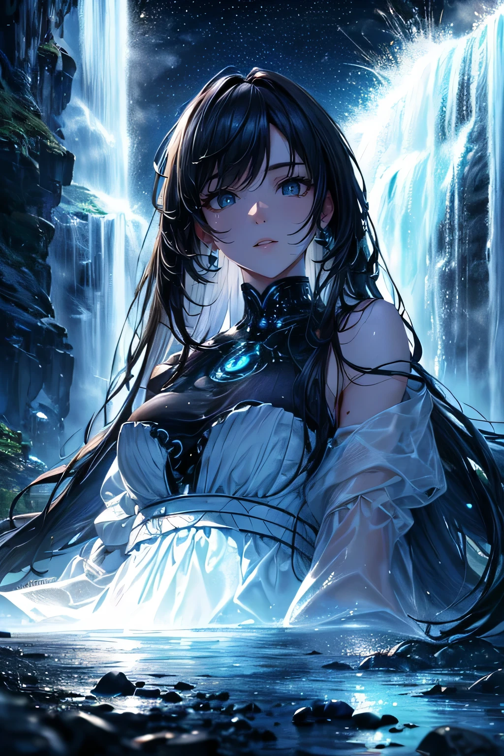 (best quality,4k,8k,highres,masterpiece:1.2),ultra-detailed,(realistic,photorealistic,photo-realistic:1.37),beautiful detailed eyes,beautiful detailed face,neon colors,full body,space background,waterfall