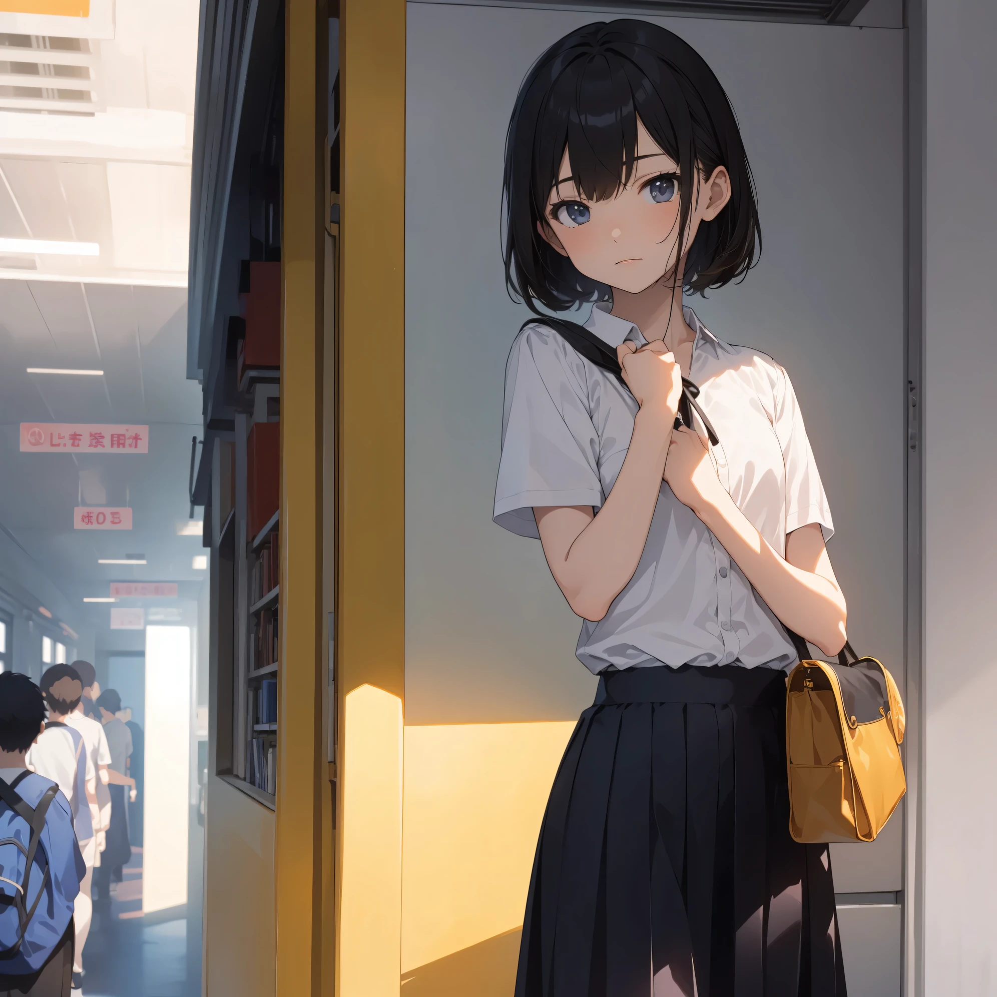 Super high quality by the art god, super detailed, High resolution, Shinkai Makoto style, anime moe art style, best anime 8K konachan wallpaper, pixiv contest winner, perfect anatomy, break,(眠そうにalone学校へ行く女の子を描いてください. )break, 1 girl, (alone,little woman, lolita, , 13 years old:1.3),All limbs, full finger,, The charm of an immature body, (very short hair), flat chest, small ass, between legs, slim legs, Small black eyes, beautiful and fine eyes, Well-proportioned iris and pupils, expressive eyes, High resolutionの詳細な髪, wearing school uniform, (skirt),(detailed lighting), (detailed background), On the way to school. break,super dense skin, Best lighting by famous artists, 8K, figure,UHD, rough skin