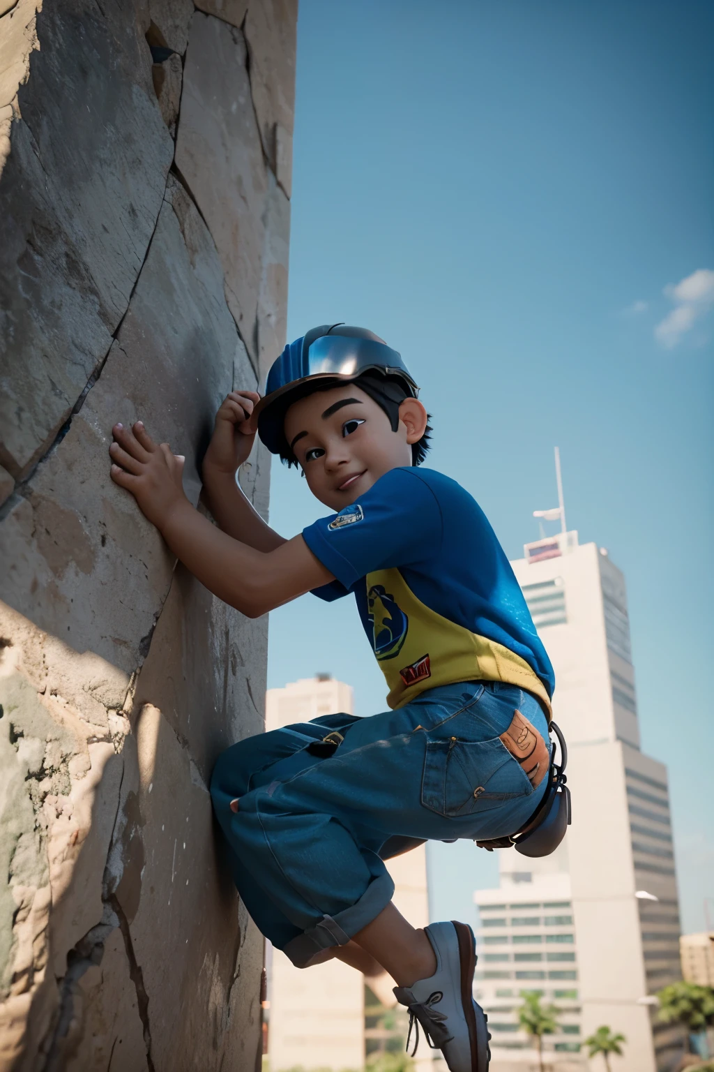 A cartoon character with two designs of a young boy playing with climbing walls and wearing a safety helmet. A full-body cartoon character, Cartoon characters, Cartoon style display, 3D design, Arnold Maya Show, Stylized 3D rendering, Toon Show Master Shot, 3D character, 3D character, Stylized 3D rendering, تقديم 3D character, animation character, close up, Personality posture, (pixar style) (piece: 1.2) (peach) (Best quality) (pele Hinge) (texture) Hinge) (8k) (Pottery) (Cinema lighting) (Intense focus