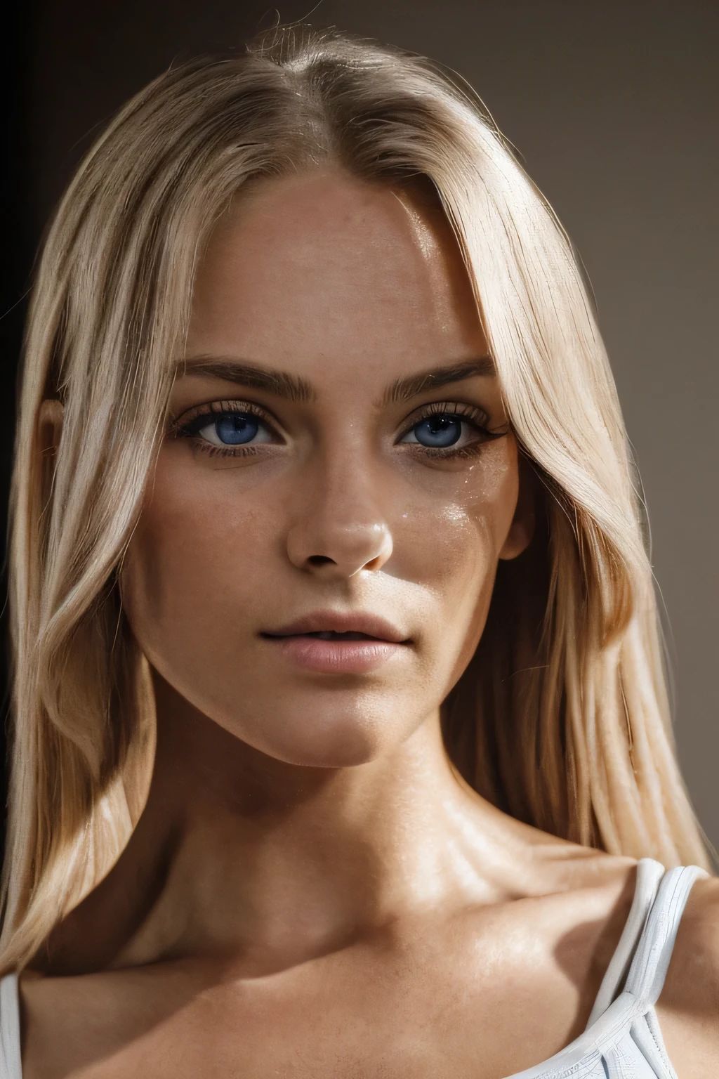 masterpiece, Best Quality, Photorealistic, Ultra-detailed, finely detail, hight resolution, 8k wallpaper, RAW color photo, Professional, high level of detail, Beautiful woman 23 years old, long gray hair, blonde, (detailed brown eyeoco nítido, awardwinning photo, ((Facing the front)), ((Look at viewers)), Small light, Low contrast, Facial symmetry, depth of fields, in the gym, central image, Lights up softly, (finely detailed skin), pale skin, Realistic skin texture, Extreme skin details, (pores: 0.1),wearing crop top, yoga pants, small bust with good shape, , slim figure, Hourglass body shape