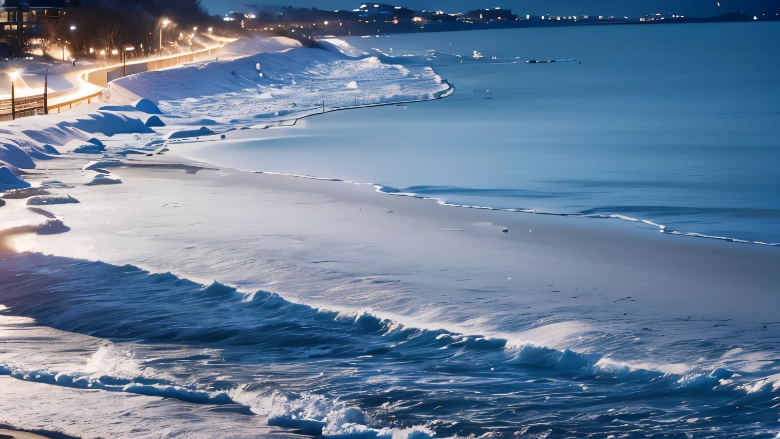 winter sandy beach covered with snow、night、total darkness、darkness、blizzard、beach、sad