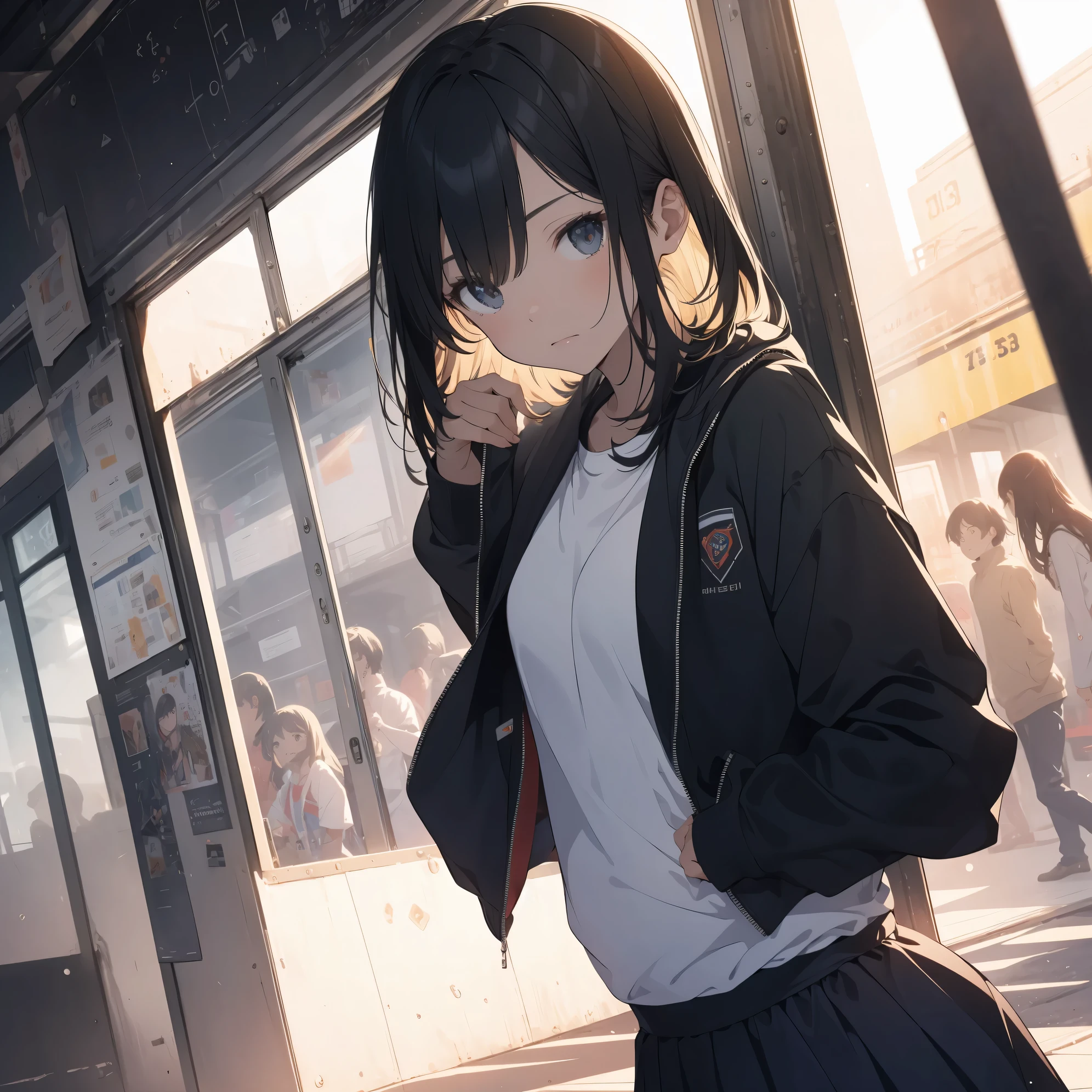 Super high quality by the art god, super detailed, High resolution, Shinkai Makoto style, anime moe art style, best anime 8K konachan wallpaper, pixiv contest winner, perfect anatomy, break,(眠そうにalone学校へ行く女の子を描いてください. )break, 1 girl, (alone,little woman, lolita, , 13 years old:1.3),All limbs, full finger,, The charm of an immature body, (very short hair), flat chest, small ass, between legs, slim legs, Small black eyes, beautiful and fine eyes, Well-proportioned iris and pupils, expressive eyes, High resolutionの詳細な髪, wearing school uniform, (skirt),(detailed lighting), (detailed background), On the way to school. break,super dense skin, Best lighting by famous artists, 8K, figure,UHD, rough skin