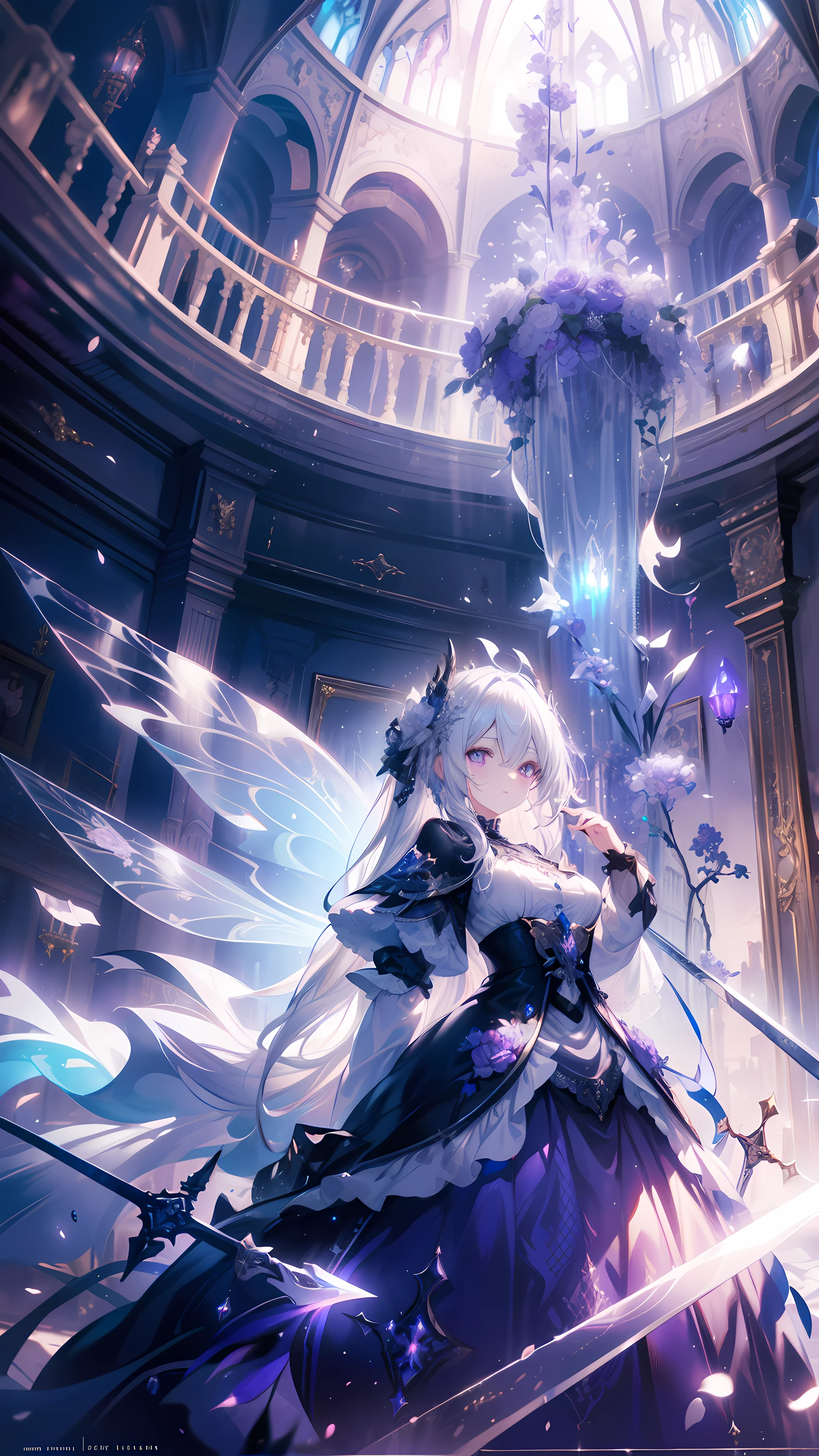 (highest quality, masterpiece, Super detailed, very detailed, exquisite, 16k, confused, Full HD), Castles with Gothic architecture, luxurious and luxurious decoration,(fairy knight princess, purple eyes, Big eyes, white skin, expensive, slim, thin and long),(decided, Mad, serious expression), (((prepare to attack with sword:1.2))), looking at the viewer, cover one eye, Bunches long hair back, gray hair, (fantasy, romantic atmosphere), theater studies, realistic, , (medium shot), (from below), low angle shot,  Front view, ((Symmetrical configuration)), shine, (dramatic lighting), (cinematic lighting), (volume lighting), (dynamic lighting), (bright colors), bright colors, warm colors, (architectural photography)