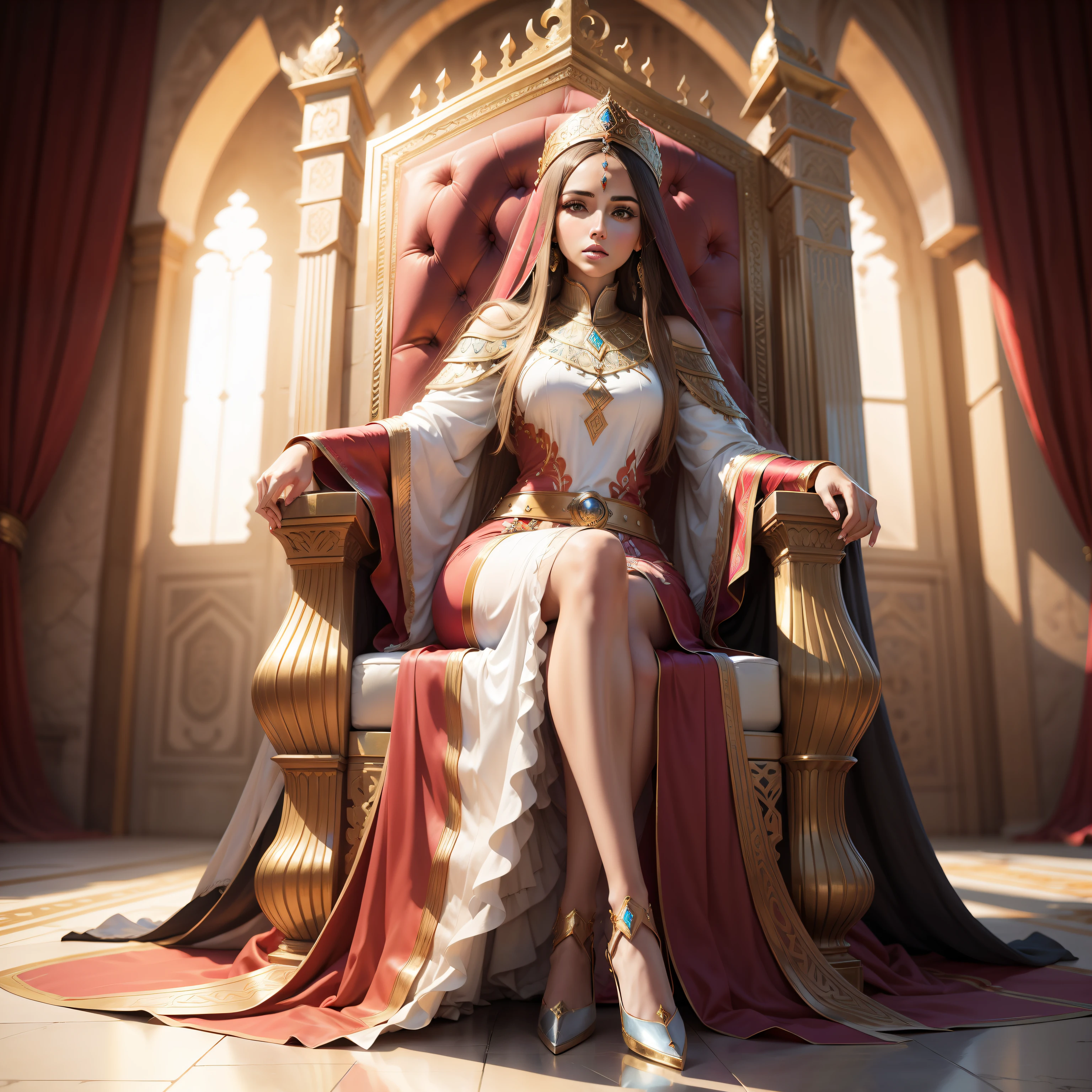 Moroccan caftan outfit princesse full body outfit sitting inGreat Legendary throne hyper realistic super detailed Dynamic pose Dynamic shot master piece