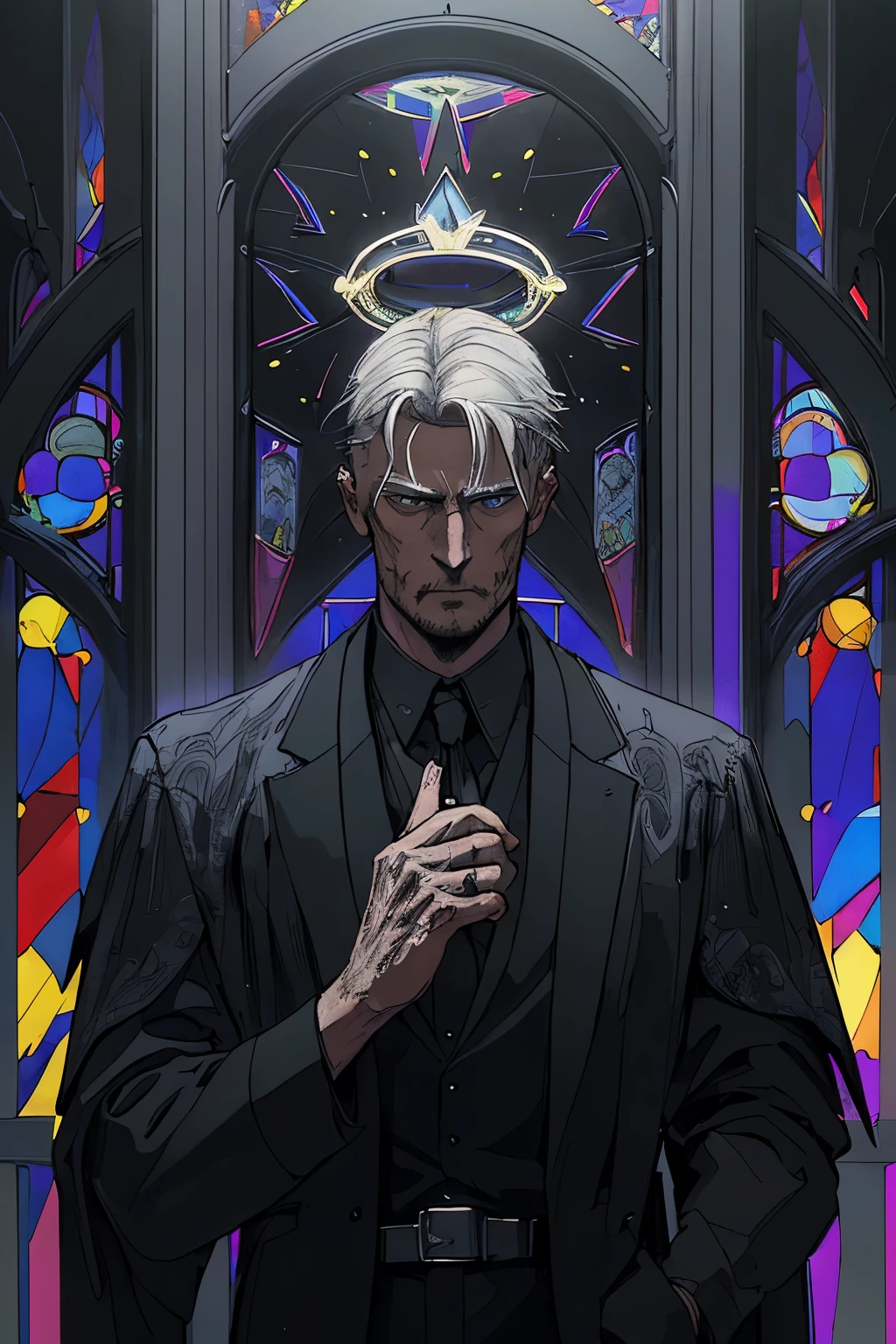 man in black_suit, collar, halo, gray_haired, portrait, sophisticated, temple indoors, decorations, stained glass windows, night, particles, chromatic aberration, detailed, cinematic, dark scene, fantasy masterpiece, ultra detailed, somber expression, hanged man tarot card imagery,