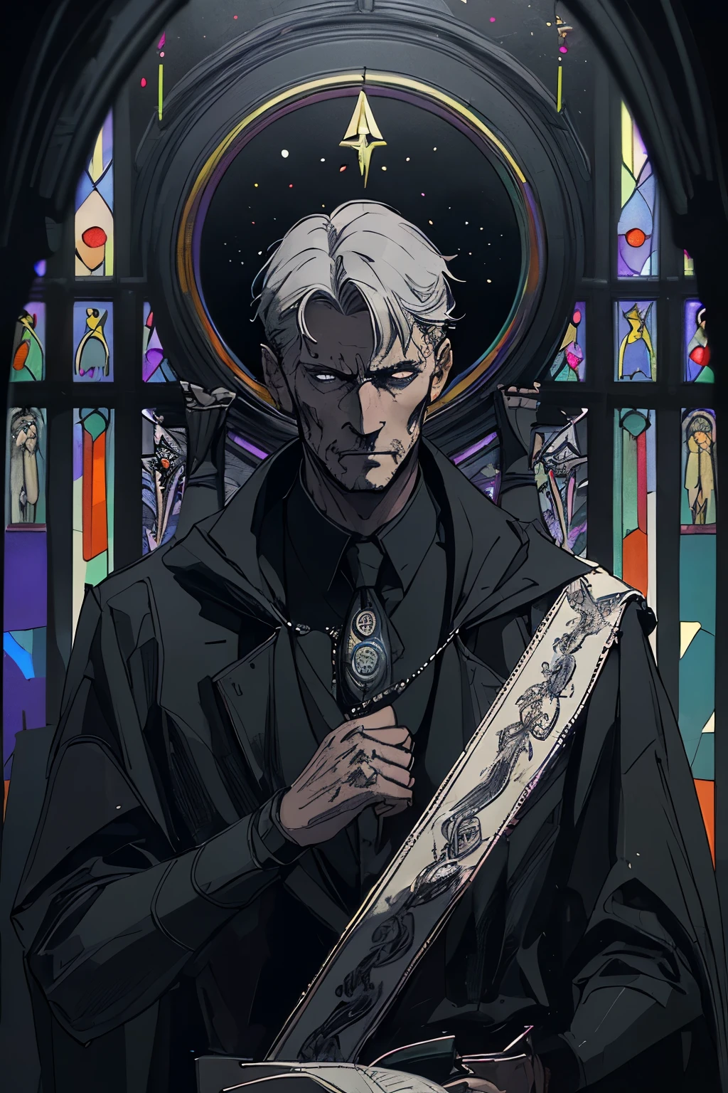 man in black_suit, collar, halo, gray_haired, portrait, sophisticated, temple indoors, decorations, stained glass windows, night, particles, chromatic aberration, detailed, cinematic, dark scene, fantasy masterpiece, ultra detailed, somber expression, hanged man tarot card imagery,