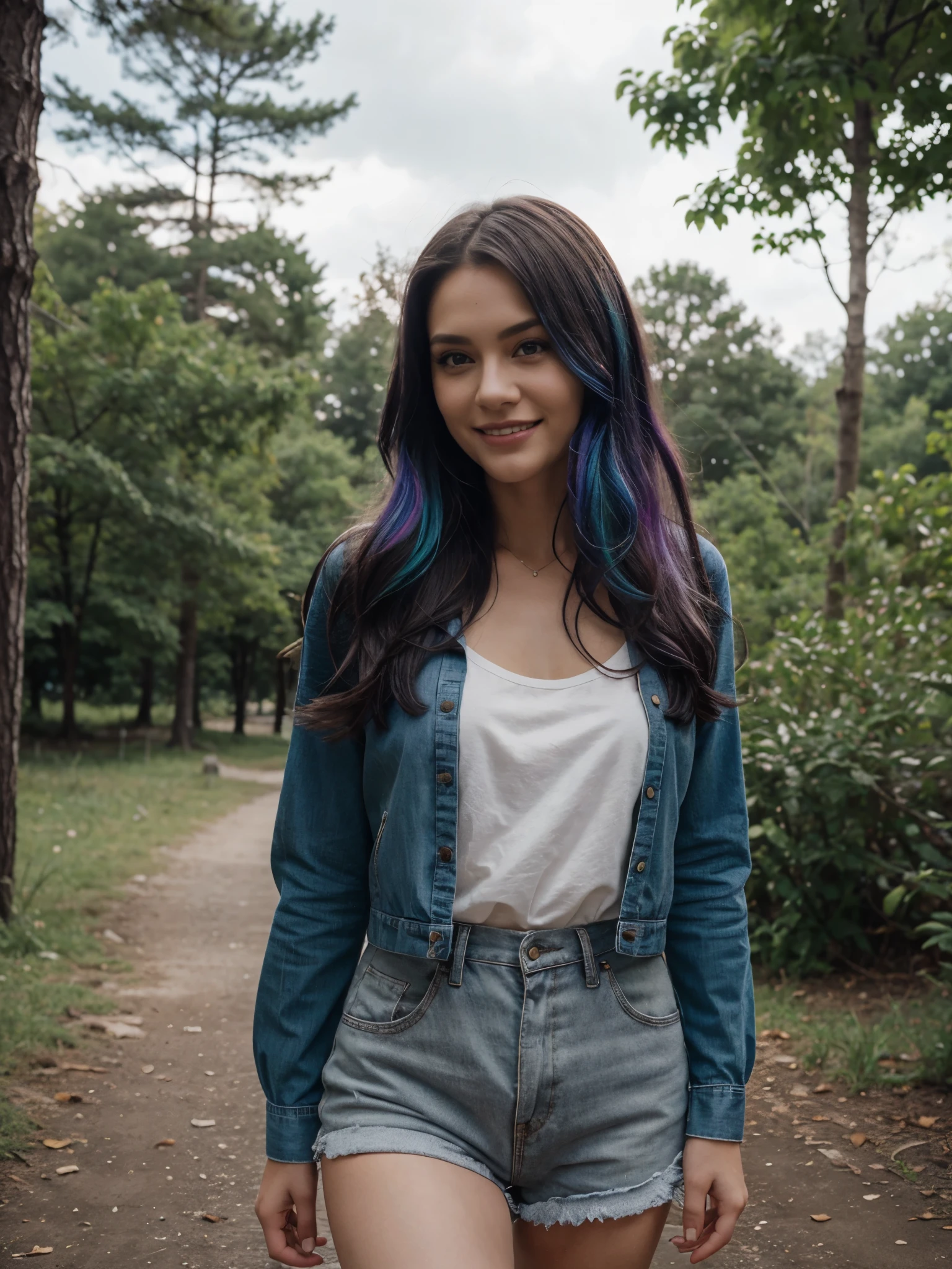 Mädchen, 20 Jahre alt, lange rote Haare, Sommersprossen, hair bobbles, wince, longeyelashes, light smile, fang, rainbow hair, drop shadow, anaglyph, stereogram, tachi-e, atmospheric perspective, high detail, 8k, super detail, accurate, best quality, [[[walking in the forest]]] ,Full Clothing, [[[view at back]]]