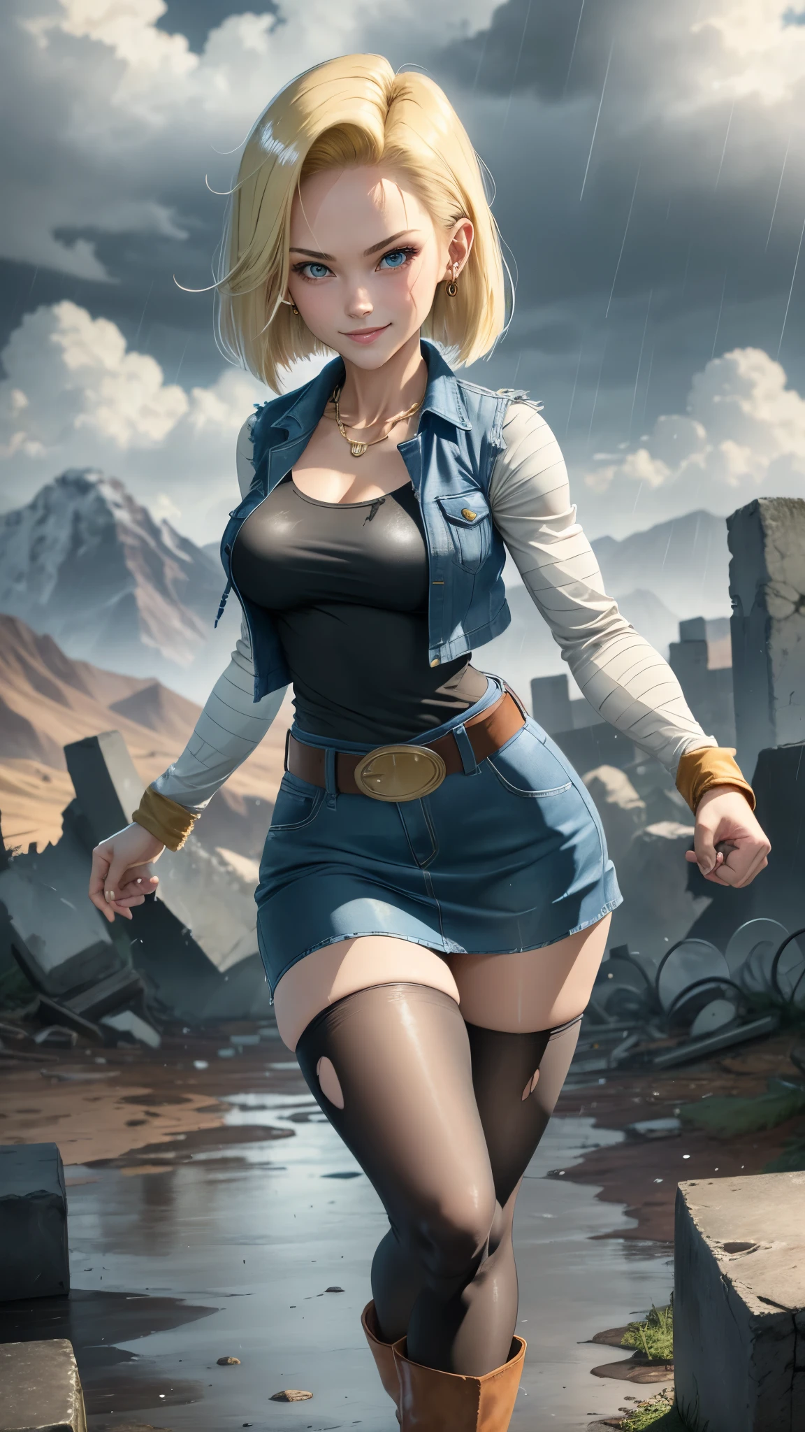 best quality, highres, and18, 1girl, android 18, solo girl, 1girl, blonde hair, blue eyes, belt, boots, tight blue demin skirt, gold_necklace, black shirt, short hair, long striped sleeves, earrings, open vest, denim vest, medium breasts, cowboy shot, mountains, straight-on, (weather: raining and windy), wet body, sexy smile, combat stance, full length pantyhose, battle ruins, wide hips, thick legs, torn clothes, closed fists,