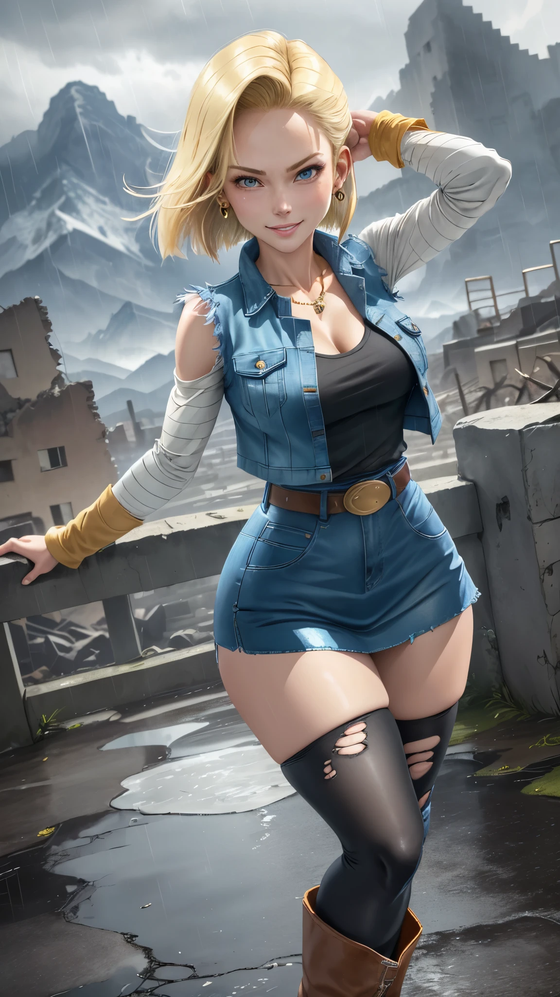 best quality, highres, and18, 1girl, android 18, solo, blonde hair, blue eyes, belt, tight blue demin skirt, gold_necklace, closed fists, black shirt, short hair, long sleeves, earrings, open vest, denim vest, medium breasts, cowboy shot, mountains, straight-on, (weather: raining and windy), wet clothes, fierce smile, combat stance, full length pantyhose, battle ruins, wide hips, thick legs, wet body, dirty clothes,