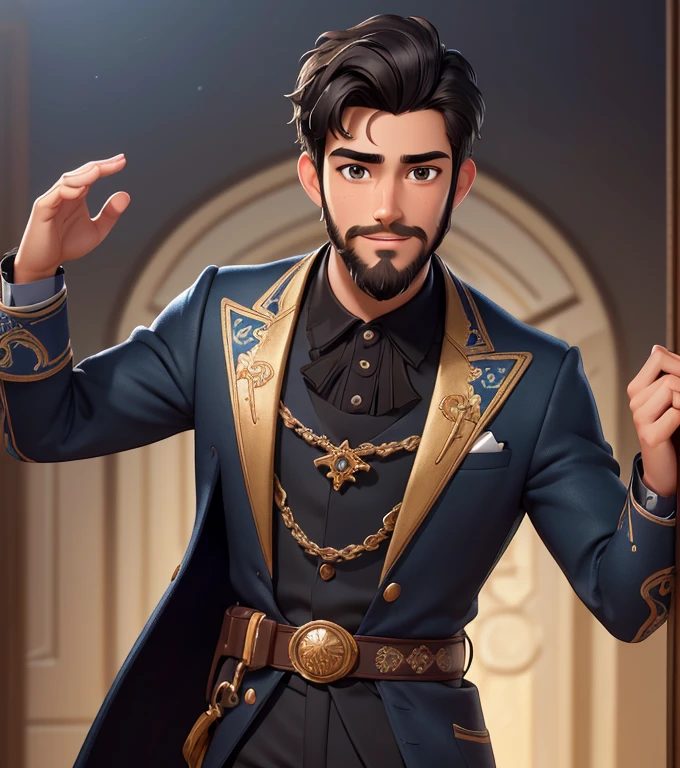 obra maestra,Mejor calidad,rombo,1 16 year old boy with a short goatee beard ,Solo, traje de principe disney, tenencia,enfoque masculino,(cabello ), ojos marron oscuro,tenencia,Boca abierta,terreno para sentarse,Sonrisa,cielo,bosque, 