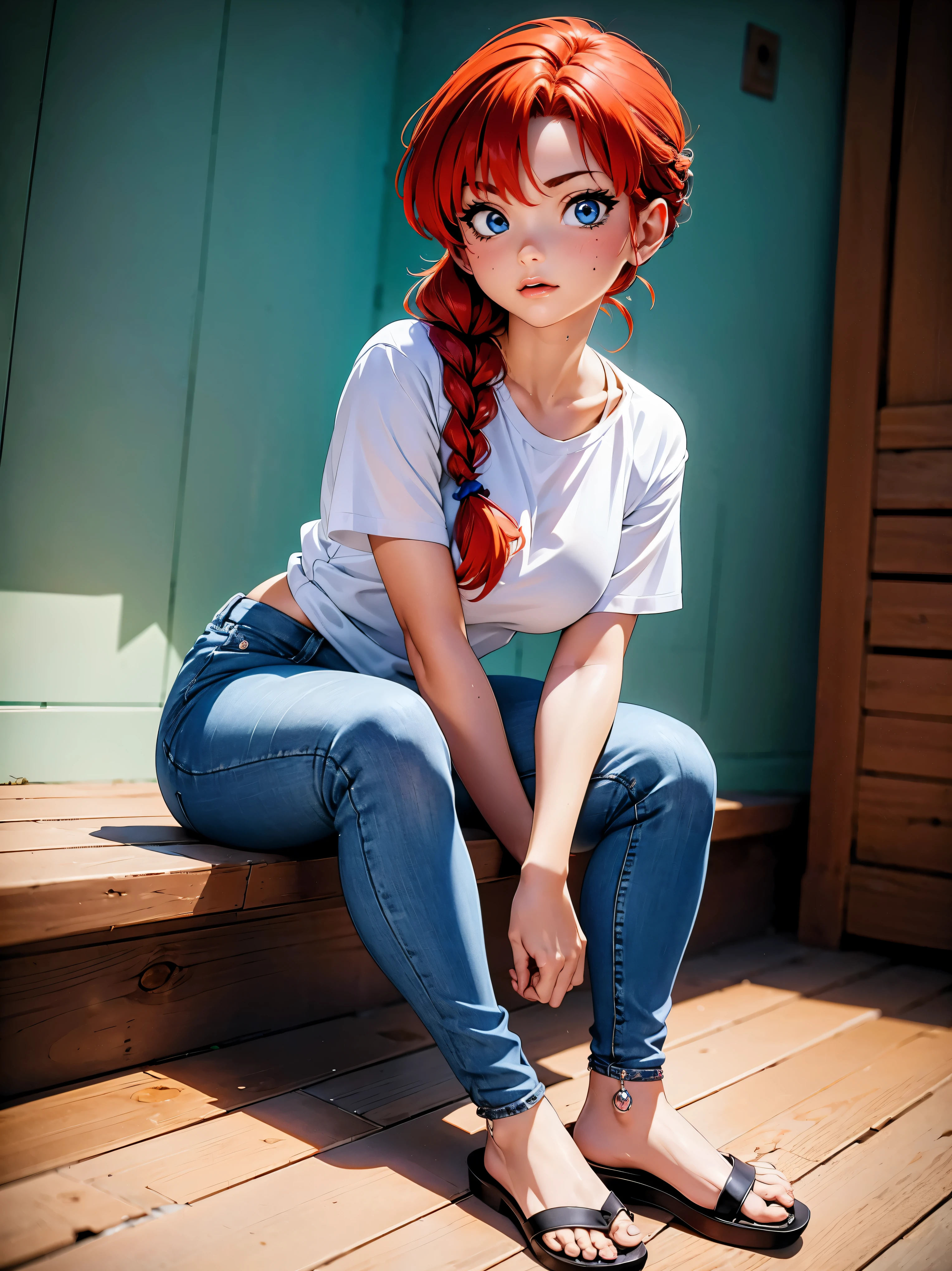 Garota anime ruiva com bermuda jeans azul e blusa purple roxa, 16 anos, agachada, sentada com pernas cruzadas, corpo bonito, seios grandes, with your hands behind your head, running your hands through your hair, garota sexy, red hair with braid, gorgeous lighting, sombras suaves, olhos azuis, pernas bonitas, hair with braid, estilo anime, Ranma Chan, Autora Rumiko Takahashi, Baseado em obra de Rumiko Takahashi, Anime Ranma 1/ 2, decote sexy, quadril robusto, corpo inteiro, corpo completo, busto grande, garota jovem com corpo belo e bonito, sandals on the feet, garota 16 anos jovem baixa estatura, vestindo bermuda jeans azul e blusa purple roxa linda, garota anime, estilo anime, beautiful feet in sandals, sitting on the floor, viewing angle 45°