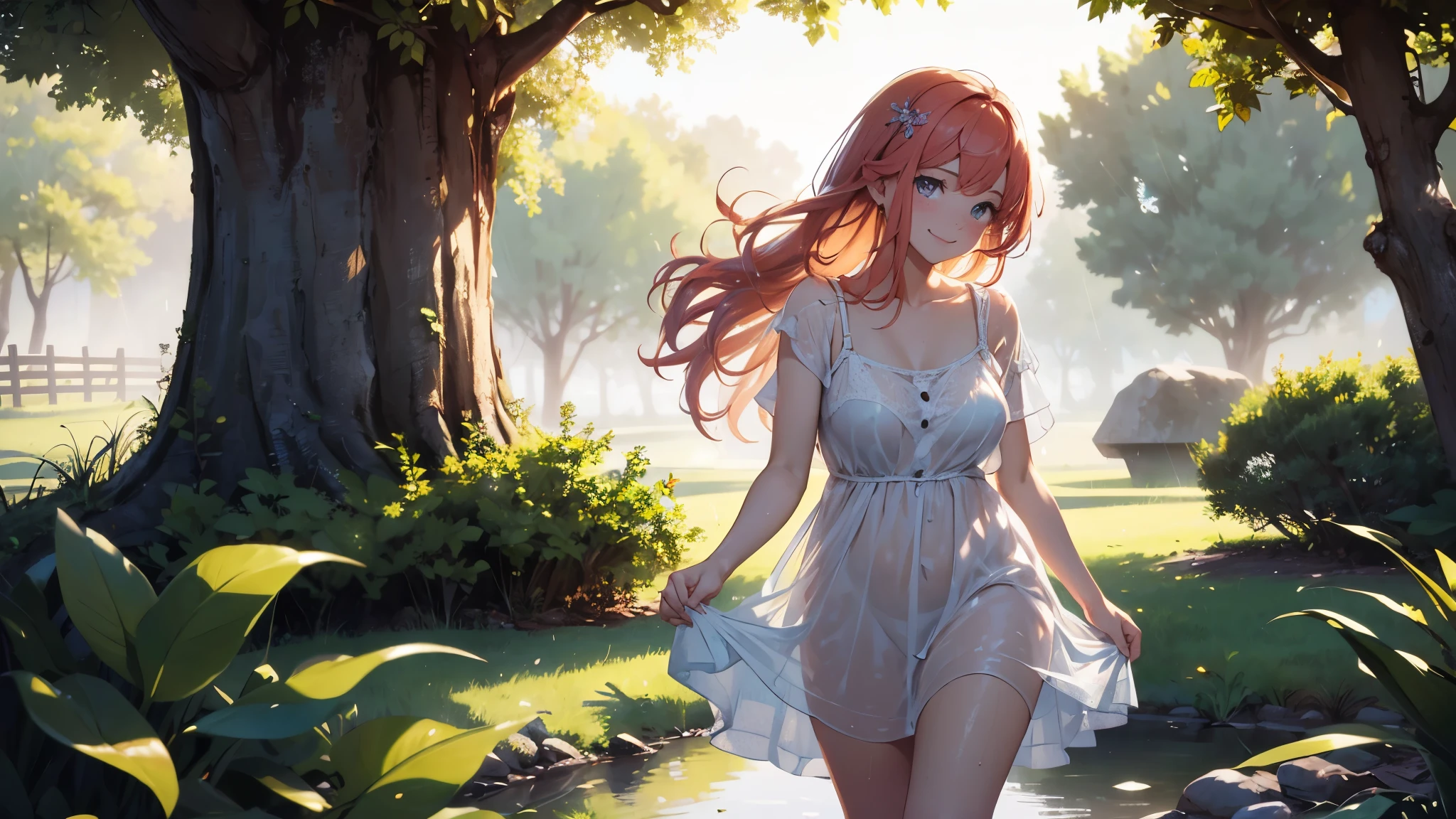 ((masterpiece,best quality,ultra detailed,ultra high res,detailed country yard background)), soft realistic focus, dynamic shadows, realistic image, vibrant colors,light leaks,dreamy atmosphere,chiaroscuro,BREAK
experimental charm, The girl is depicted in full growth, you see the girl from head to toe, nostalgic appeal, country girlfriend, she take you with yourself, simple open short dress, soft mischievous smile, (freckles:1,3), shiny light red hair, she will take your hand, thick braids, She came for you, She invites you, splashing in a wet sundress in a big pond, without a bra, nipples showing through the dress, dress wet and see-through, nipples showing through dress, smile