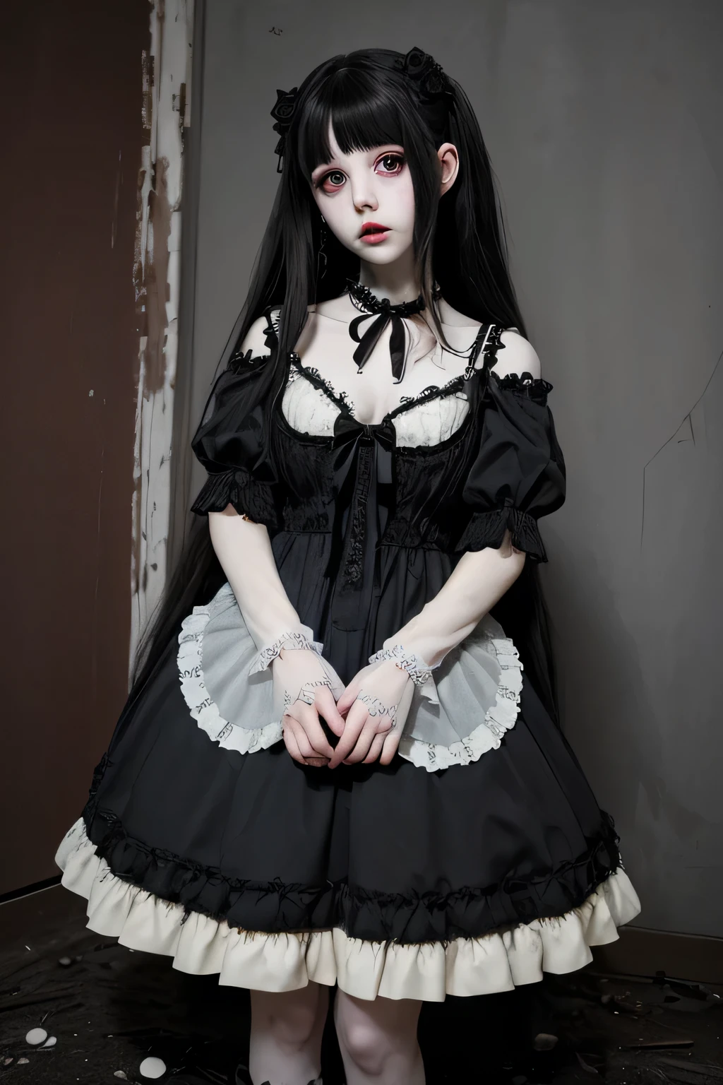 una casa de terror oscura , abandonado, dolls scattered on the floor, pretty chica standing in front wearing white long dress face unexpressive pale skin nice body red baloons very beautiful face cute nice body shape hermosa, Lugar oscuro, pelo negro, pelo largo, chica, no make up teenager rostro femenino、cuerpo femenino、con cara redonda、a small face、mejillas suaves、mirando a la camara、descuido