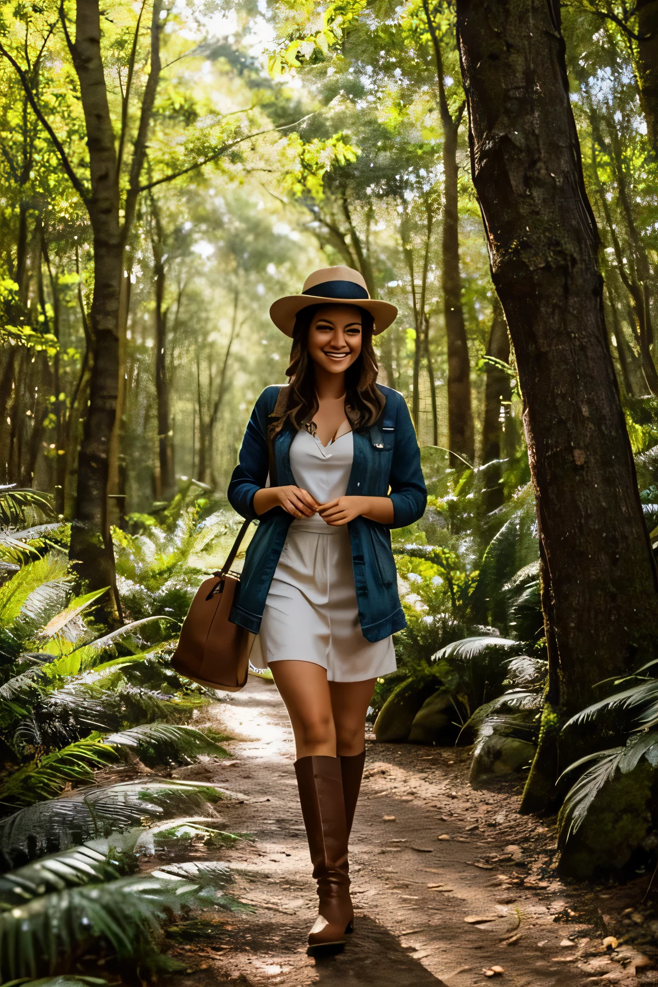 Uma jovem aventureira, com um sorriso radiante no rosto, caminha por uma trilha florestal coberta de folhas douradas. Her brown hair is adorned with a brown fedora hat., que complementa sua jaqueta verde musgo e botas de caminhada robustas. In your hands, ela segura um mapa desdobrado, guiando-a por sua jornada. A luz do sol, filtering through the treetops, creates a magical, sparkling effect around you.