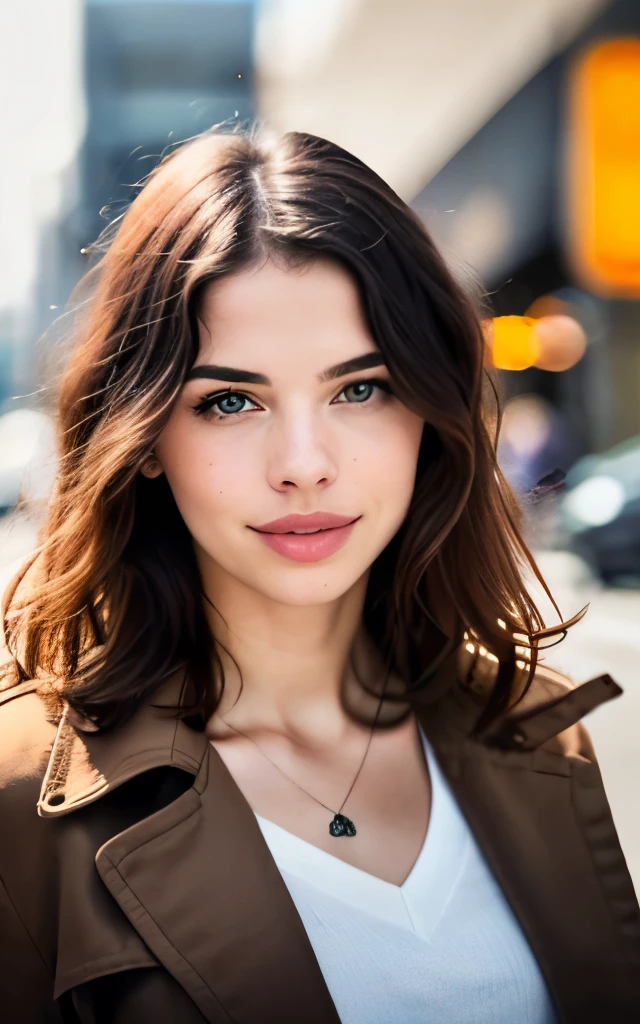 beautiful brunette, Conor Leslie in brown coat standing on the sidewalk in the city with lights, sophisticated young woman wearing a brown leather coat, woman is in a trenchcoat, attractive woman, photo of a woman, woman in business suit, well-lit professional photo, wearing an extravagant jacket, brown jacket, mid-shot portrait of a gorgeous, 60mm portrait, wearing a long coatyellow sweater (taking cammmmm, very detailed, 21 years, innocent face, natural wavy hair, blue eyes, high resolution, masterpiece, best quality, intricate details, highly detailed, sharp focus, detailed skin, realistic skin texture, texture, detailed eyes, professional, 4k, charming smile, shot on Canon, 85mm, shallow depth of field, kodak vision color, perfect fit body, extremely detailed, foto_\(ultra\), photorealistic, realistic, post-processing, maximum detail, roughness, real life, ultra realistic, photorealism, photography, 8k uhd, photography