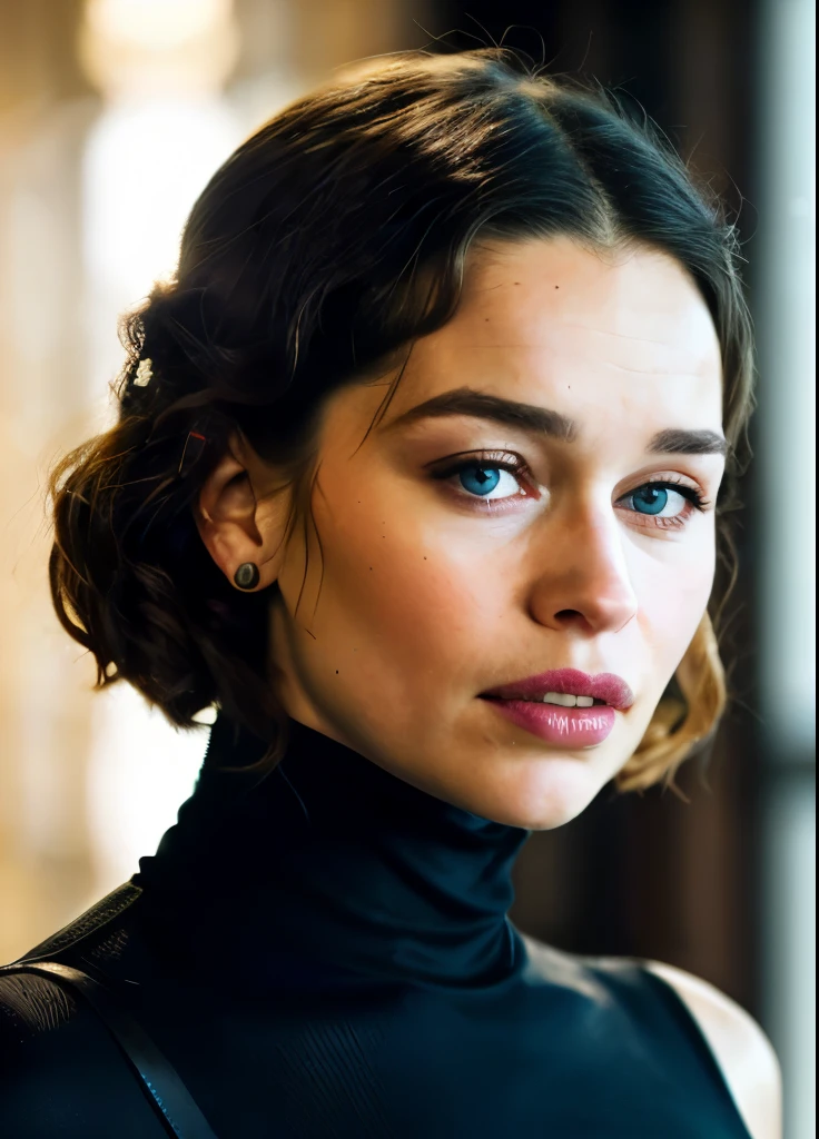 A stunning intricate full color portrait of (Emilia Clarke:1), wearing a black turtleneck, epic character composition, by ilya kuvshinov, alessio albi, nina masic, sharp focus, natural lighting, subsurface scattering, f2, 35mm, film grain, 