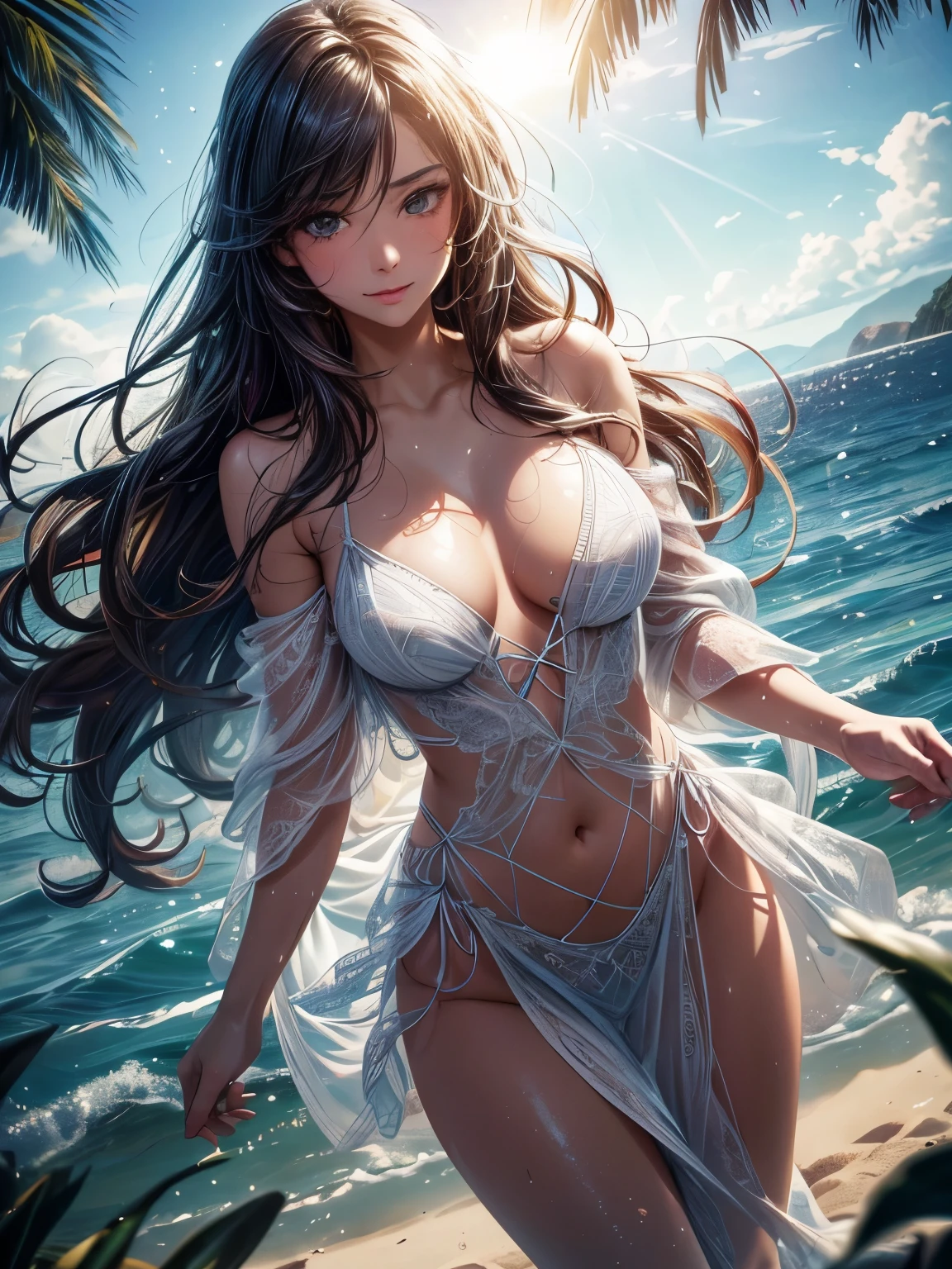 (masterpiece:1.2, best quality), (finely detailed beautiful eyes: 1.2), ((1girl)), ((solo)), (finely detailed eyes and detailed face:1.3), (scenery:1.2), (extremely detailed CG, ultra-detailed, best shadow:1.1), ((depth of field)), beautiful concept illustration, (illustration:1.1), (extremely fine and beautiful:1.1), (perfect details:1.1), full body, White skin that emphasizes transparency, crisp eye makeup, ruddy blush, thick natural parallel eyebrows, Light colorful hair, long hair, soft curly hair, smile, wet skin, sweat,colorful colors swim suit or beach dress Exquisite transparent blues pattern, beautiful sky, beautiful sea, cloud, sun, sun light, summer, beach, lens flare, shining, aureole mesmerizing eyes, luscious lips, shadowplay emphasizing beauty, artistic composition. (best quality, highres, masterpiece:1.2), ultra-detailed, (realistic:1.37) lift clothes  rich detail and textures, particles of light, the sweat, bewilderment, ((extreamly delicate and beautiful)), (detailed light), Dynamic Angle, wet clothing, off-shoulder , Embarrassed, open mouth,  (_soft shadows:0.9) _Details:0.8), illustration, erotic style, soft lighting, sweat glistening on her body, gentle warmth, dark and mysterious, erotic pose, ((small breast, narrow waist))