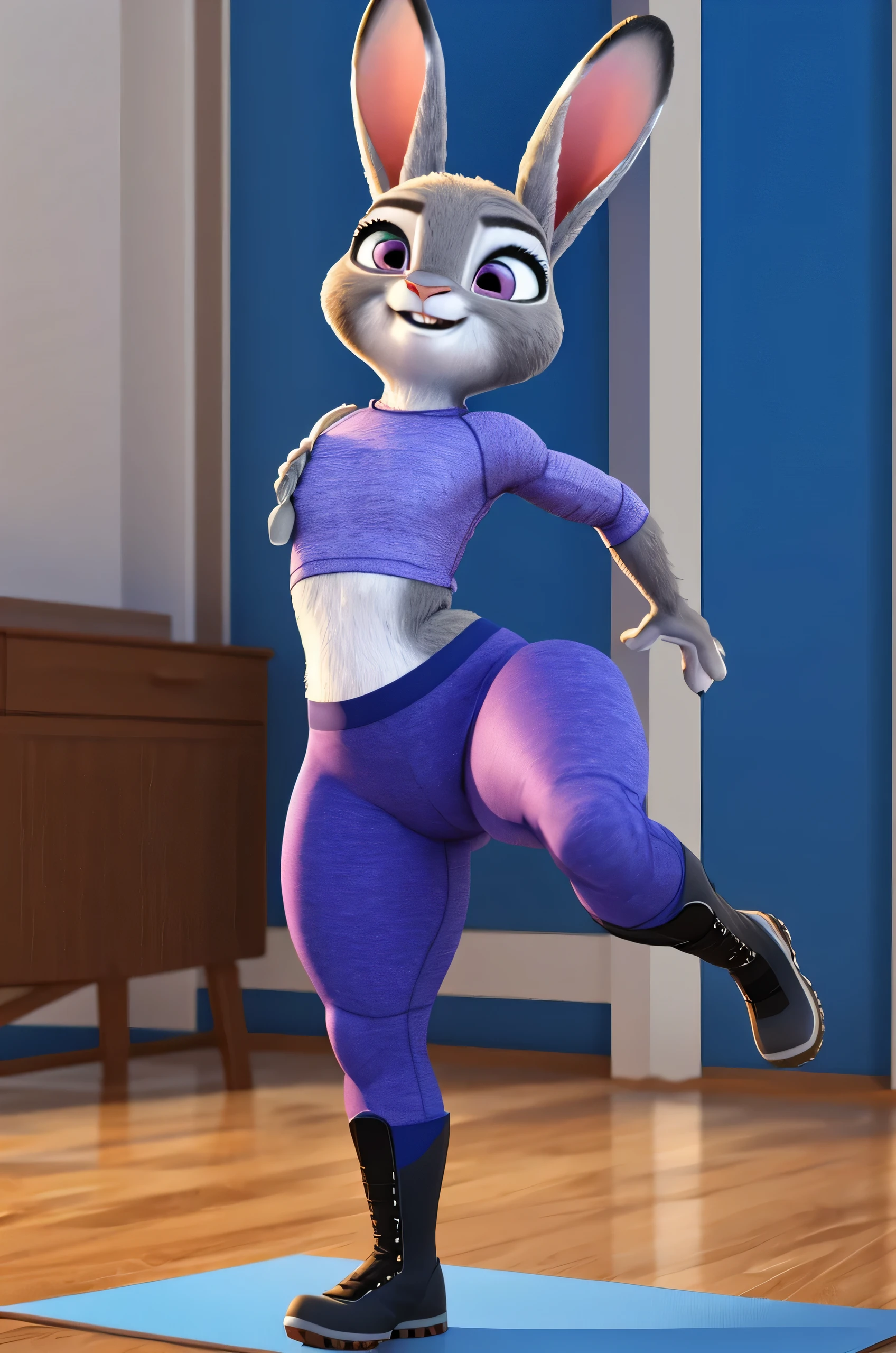 judy hopps,pantalones de yoga,piernas gruesas, muslos gruesos,Ultra realistic 3D graphics., piel peluda,piernas abiertas,botas de nieve